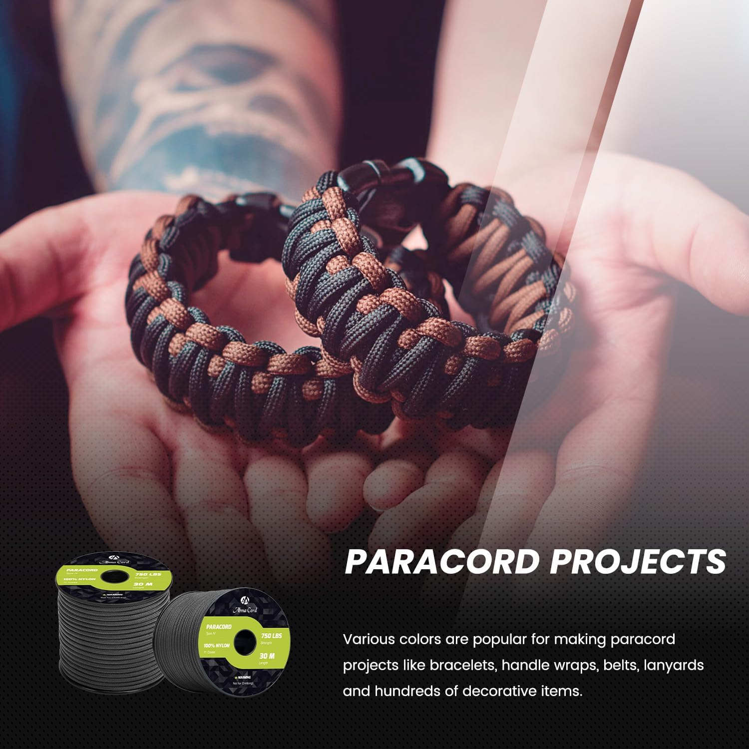 Abma Cord 4Mm Paracord 750Lb 30M 100% Nylon Rope 11 Strands Type IV Military Grade Parachute Cord for DIY, Camping, Survival, Outdoor - Max. 340Kg - Black - Army Green image number 5