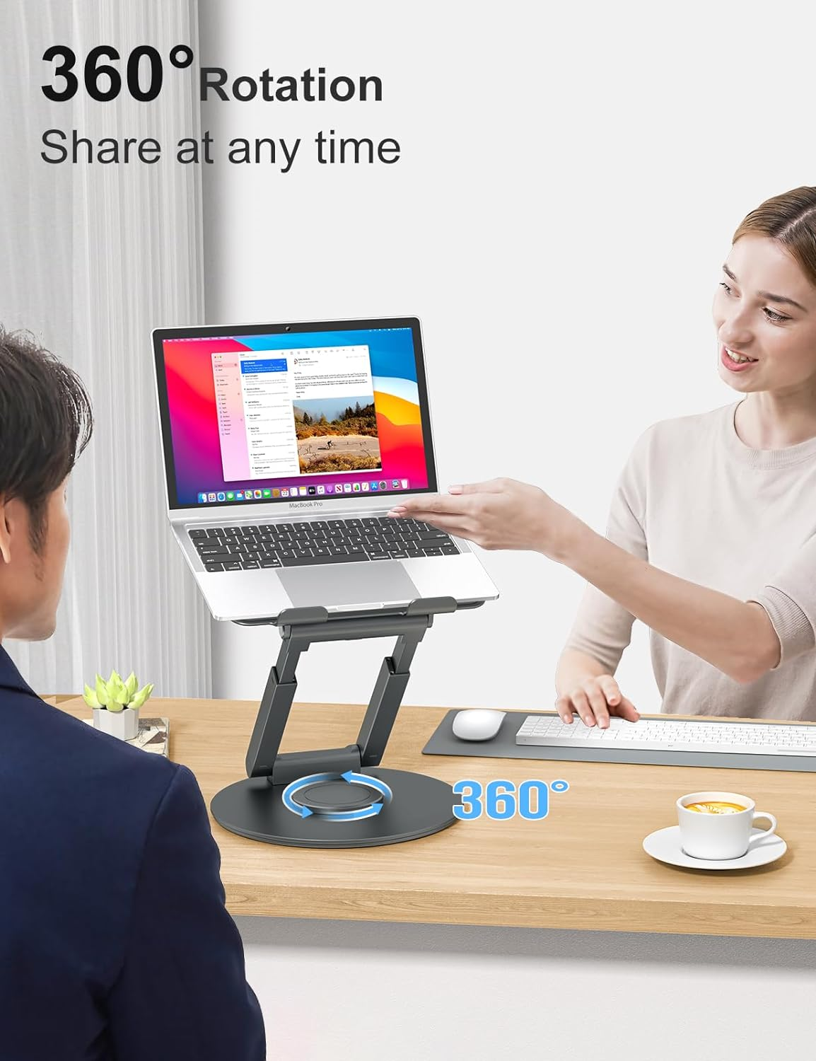 Tounee Telescopic Laptop Stand for Desk with 360&deg; Swivel Base, Sit to Stand, Height Adjustable, Portable Riser Holder for Good Posture, Compatible with Macbook Pro, All Laptops 10-17" - Gray image number 4