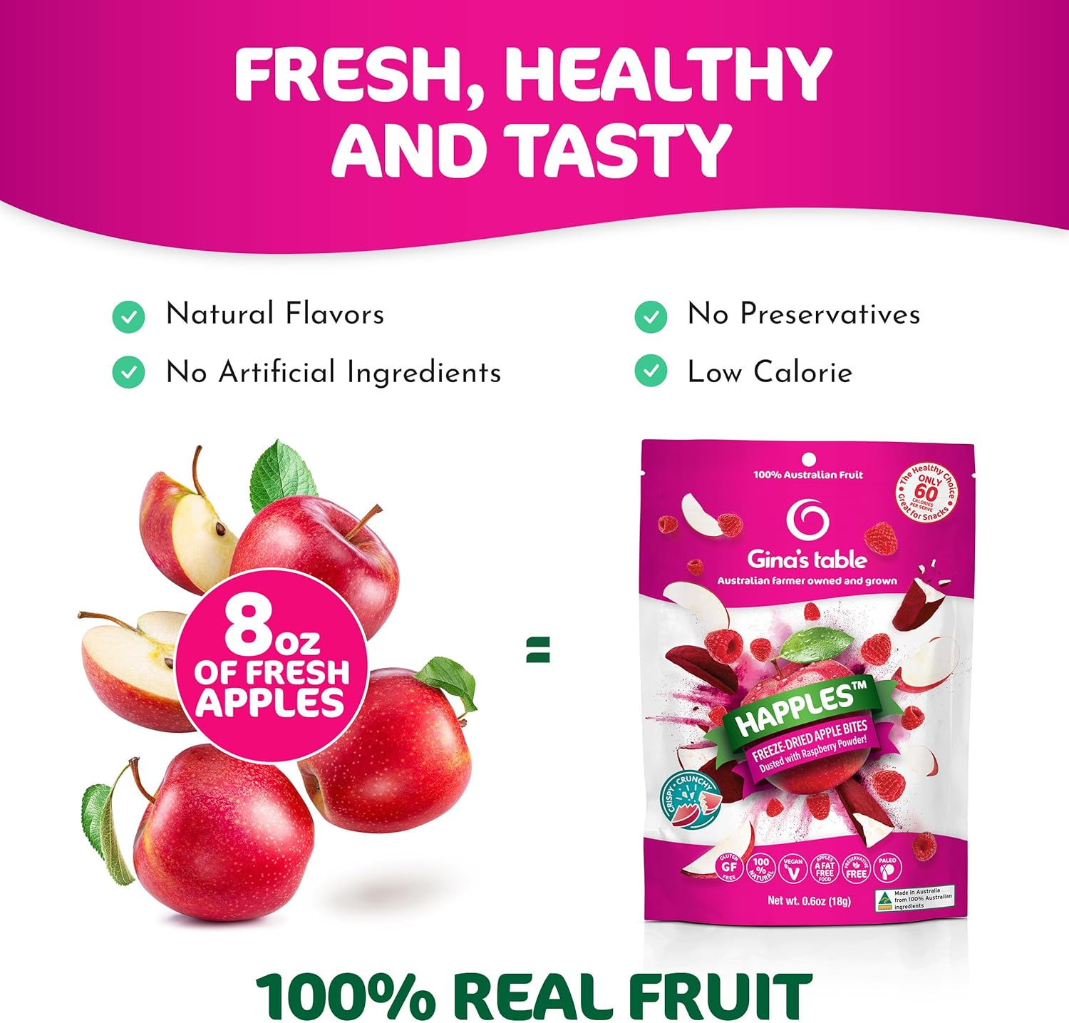 Gina&rsquo;S Table Happles 18G Freeze-Dried Fruit Snack &ndash; Natural Freeze-Dried Fruit &ndash; Apple Crisps &ndash; Healthy Fruit Snacks for Kids &ndash; Low-Calorie Snacks &ndash; Apple & Raspberry (10 Pack) image number 5
