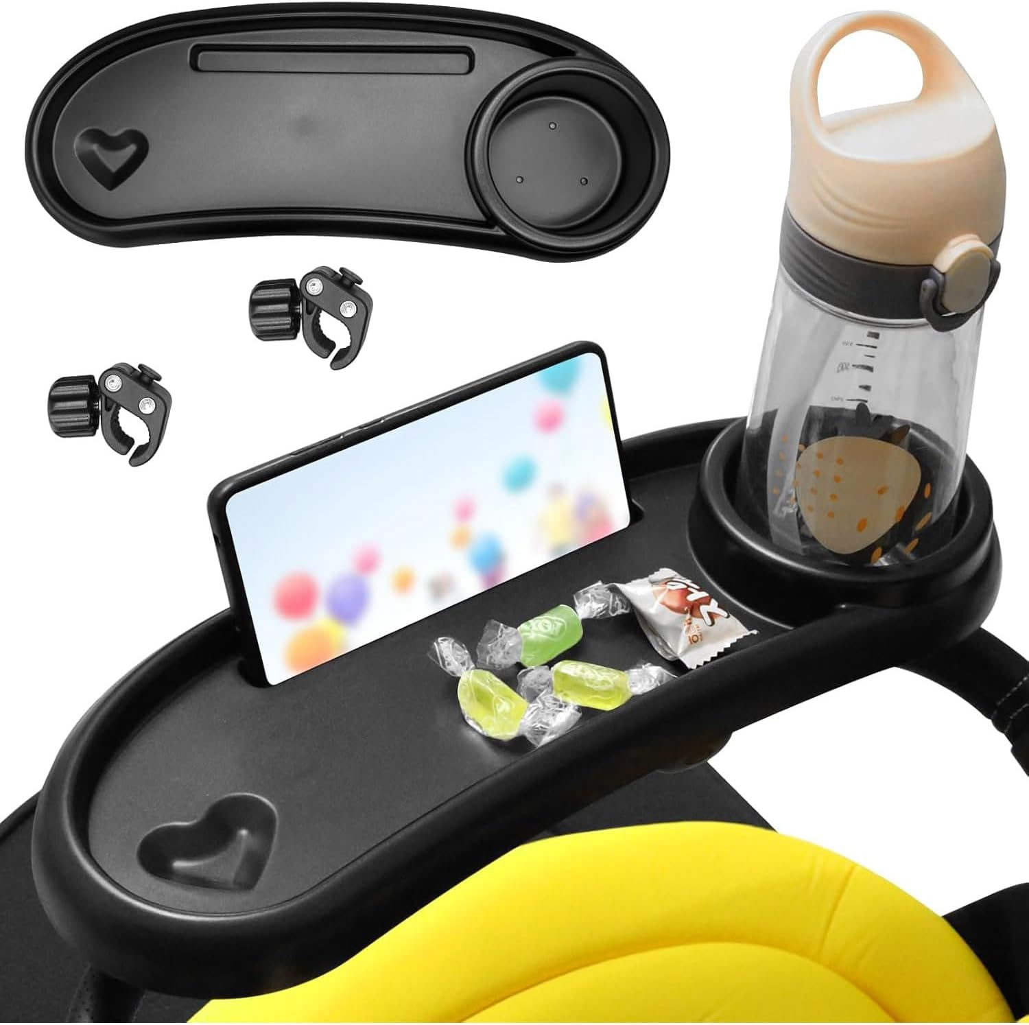 Universal Stroller Snack Tray with 3-In-1 Design, Phone Holder, Food Area, Cup Holder, Black, ABS Material, Fits Most Stroller Armrests image number 6