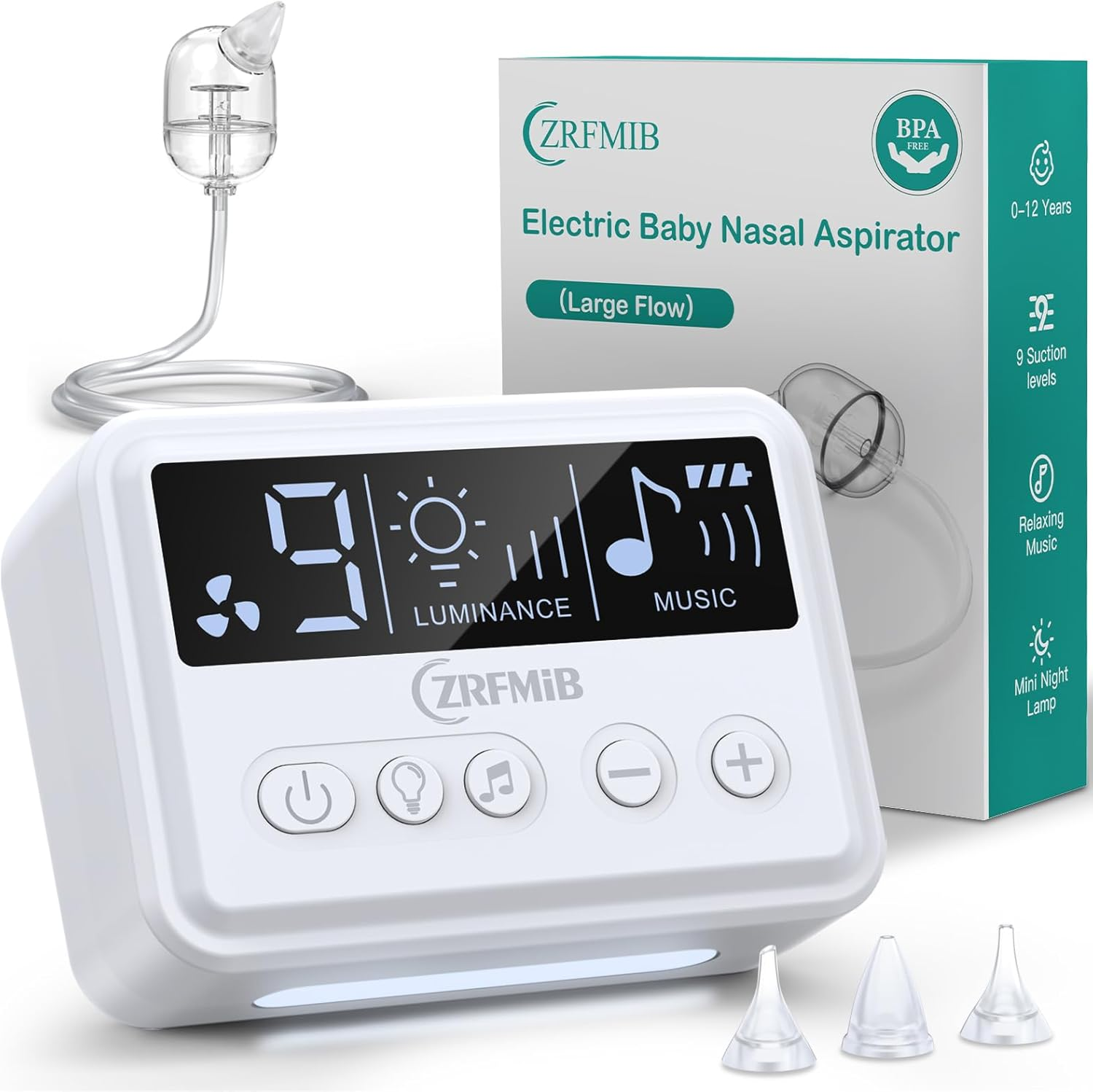 Zrfmib Electric Nasal Aspirator for Baby with 9 Level Suction, Hospital Grade Baby Nose Sucker, Nursery Rhyme and Night Light Soothing, Safe for Infants and Toddlers, White image number 3