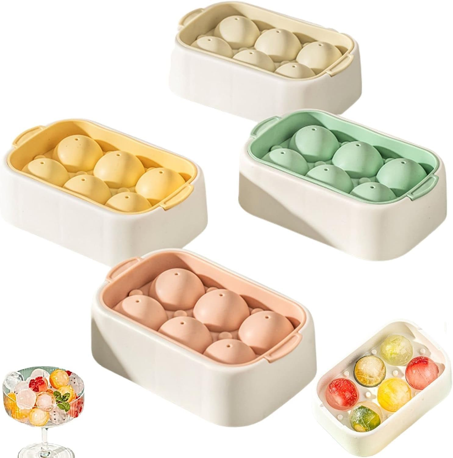 WADY 4Pcs Ice Cube Trays, Ice Ball Maker,Ice Cube Tray with Lid,Silicone Ice Cubes Tray, Suitable for a Variety of Summer Drinks, Stackable Silicone Spherical Ice Cube Moulds DIY Molds (Four Colors) image number 1