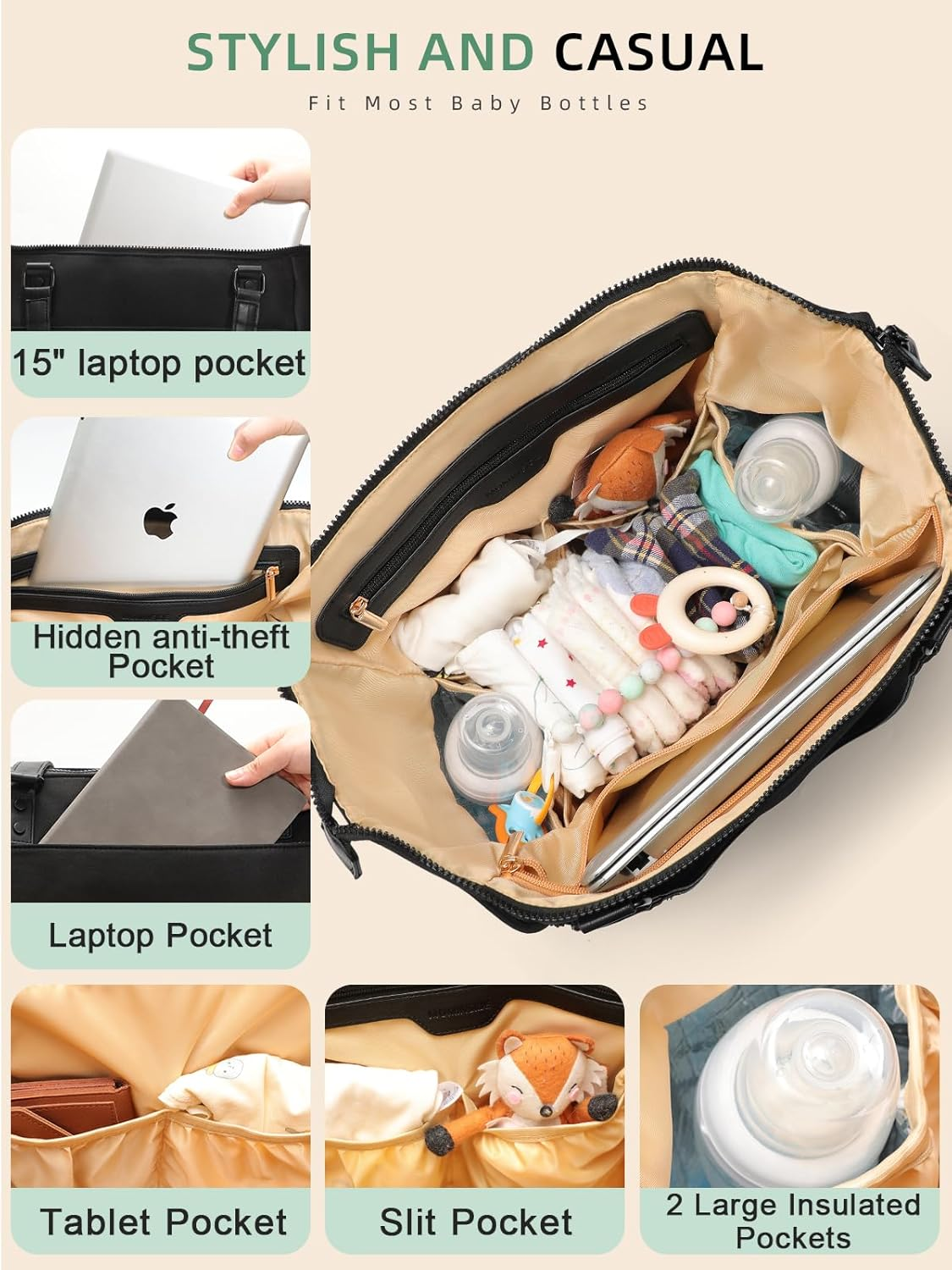 MOMINSIDE Diaper Bag Tote, Neoprene Diaper Bag Backpack with 14 Pockets, Convertible Baby Bag for Boys Girls image number 6