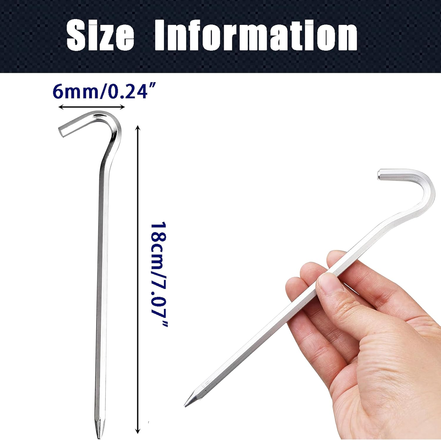 Wzenclave 20Pcs Heavy Duty Aluminium Tent Pegs, 7Inch Galvanized Metal Tent Stakes with Hook for Camping, Garden, Fence - Silver (Betterjonny) image number 3