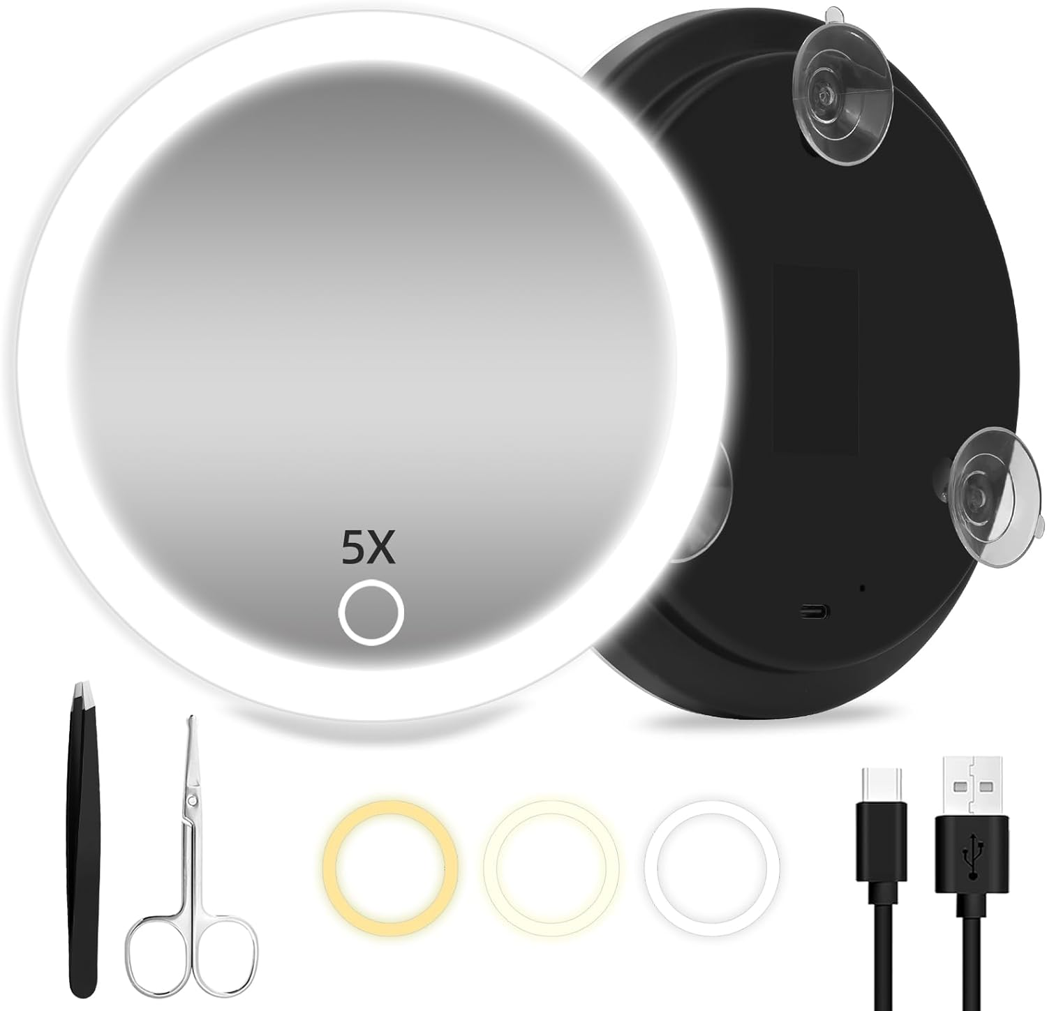 5X Makeup Magnifying Mirror with Lights, Portable 6Inch Magnifying Mirror with Suction Cups Wall Mount, 5X Lighted Travel Magnification with Tweezers and Scissors - Perfect for Makeup & Close-Up Tasks image number 1