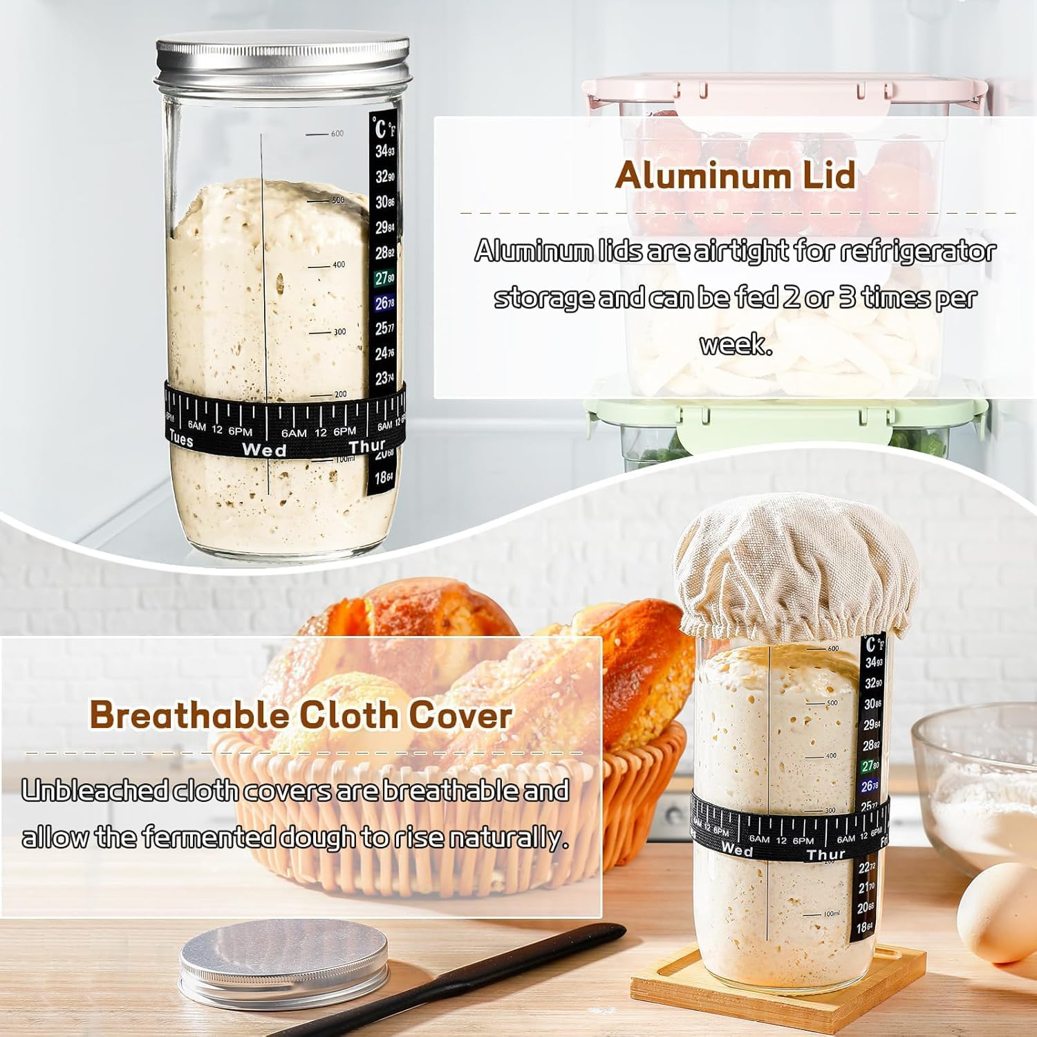 ZDZX 24Oz Sourdough Starter Kit with Date Marked Band - Includes Glass Jar, Thermometer, Silicone Scraper, Cloth Cover & Metal Lid - Baking Supplies for Homemade Sourdough, Family & Beginners image number 6
