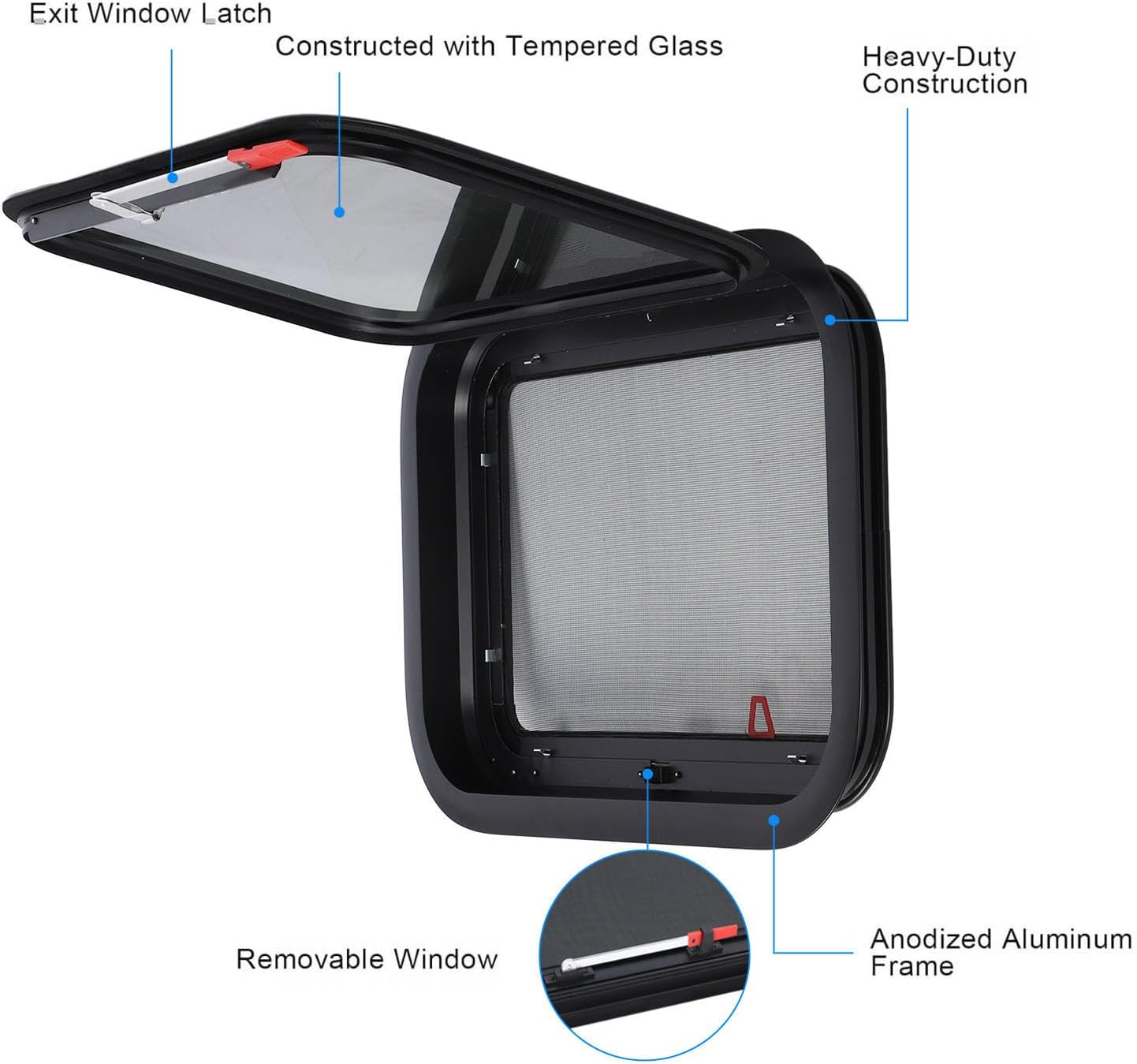 RV Exit Window 22.4X15.2 Inch External Push Out Window with Mesh Screen Support Rod for Caravan Camping Trailer Motorhome image number 1