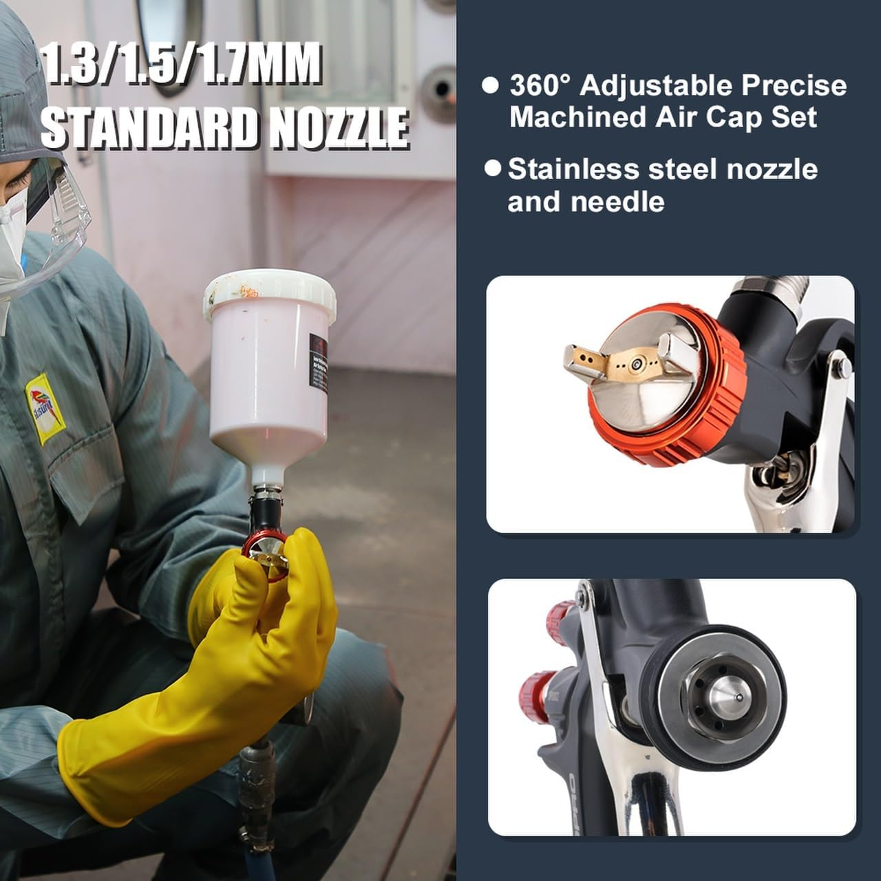 AEROPRO Tools INC R500 LVLP Air Spray Gun 1.3/1.5/1.7Mm Nozzles & Air Regulator, A610 Paint Guns Automotive, Car Paint Gun Sprayer, Paint Gun House Painting, Car, Furniture, Varnish Top Coat Black image number 4