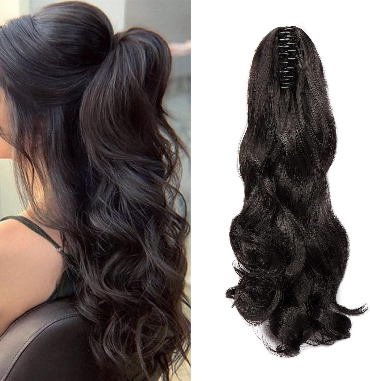 Cybelleza Clip-In Ponytail Extensions Braid Hairpiece Claw Ponytail Hair Extensions like Real Hair Wavy Curly Synthetic Hair Long Hair Heat Resistant Dark Brown