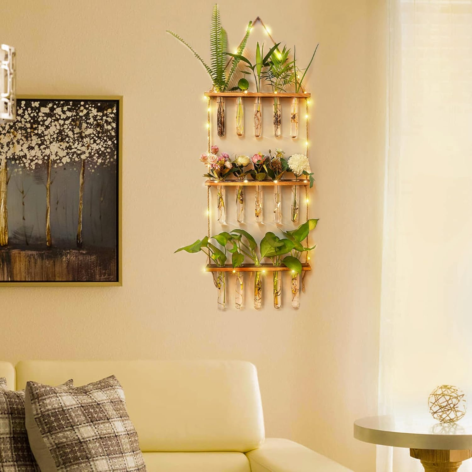 MYFINCA Propagation Stations Wall Hanging Planter Terrarium with LED Lights & Wooden Stand Propogation Planters Glass Tube Vase for Hydroponic Plant Cutting Flower, Home Decor (3Tier 16Tubes) image number 4