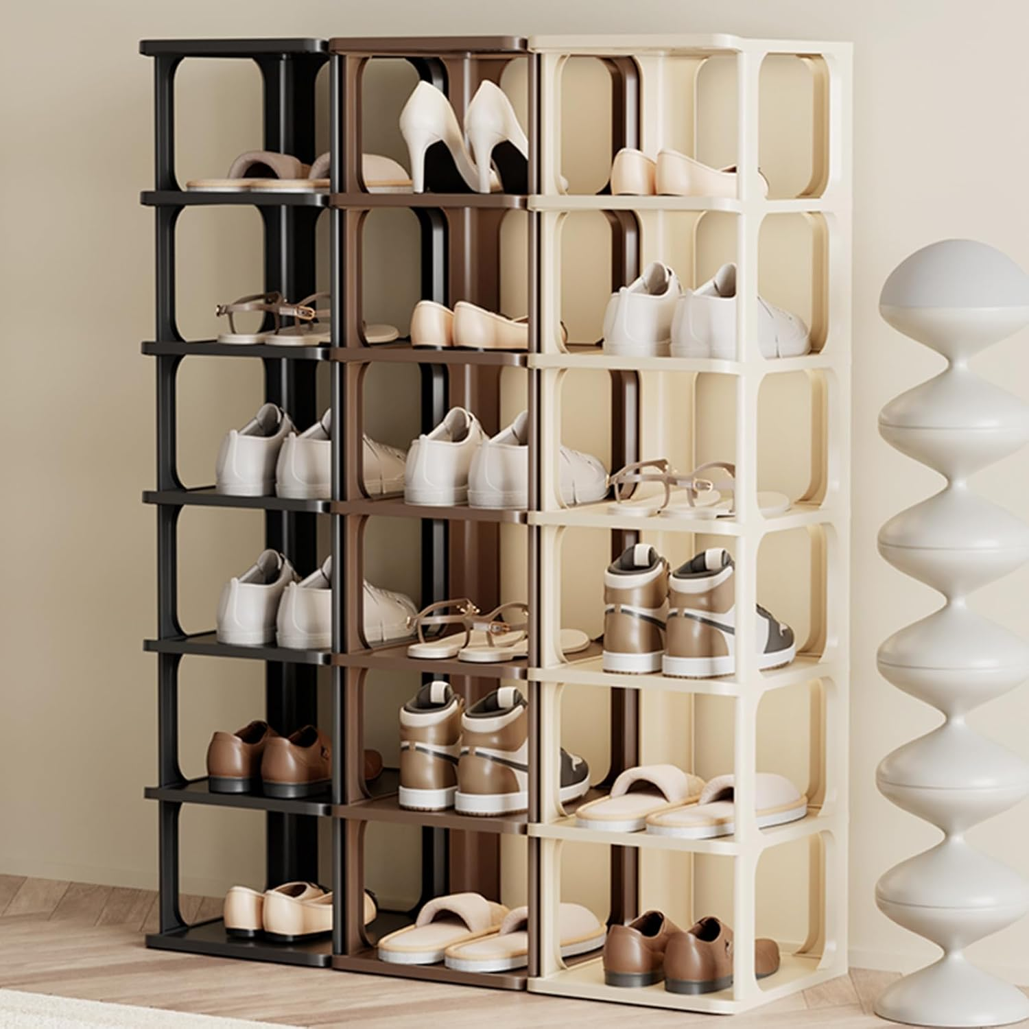 UKKQES 5 Tier Shoe Rack，Shoe Organizer Shoe Rack for Small Spaces Plastic Vertical Narrow Shoe Shelves Closet Black Shoe Holder, Stand for Entryway Shoe Storage Boots Organizer (Cream White-5) - Black-5 image number 3