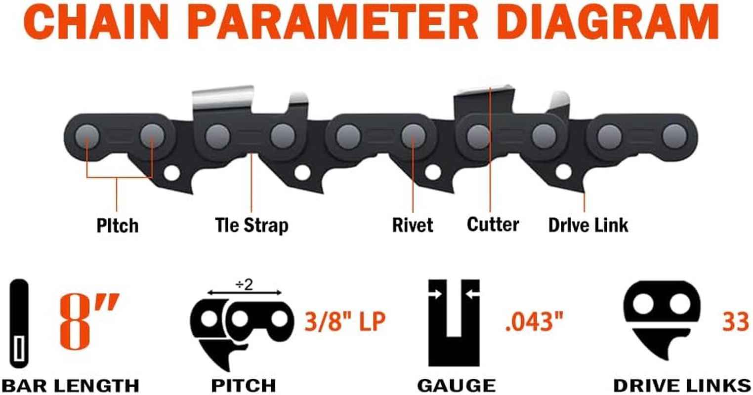 ABOVE LAND LB 3Pcs 8 Inch Bar Length Chainsaw Chain 3/8" LP Pitch 0.043" Gauge 33 Drive Links Semi Chisel Compartible for Ryobi RPP 720 RY43161 18V One plus Compartible for Ozito PPE-750 Pole Saw image number 1