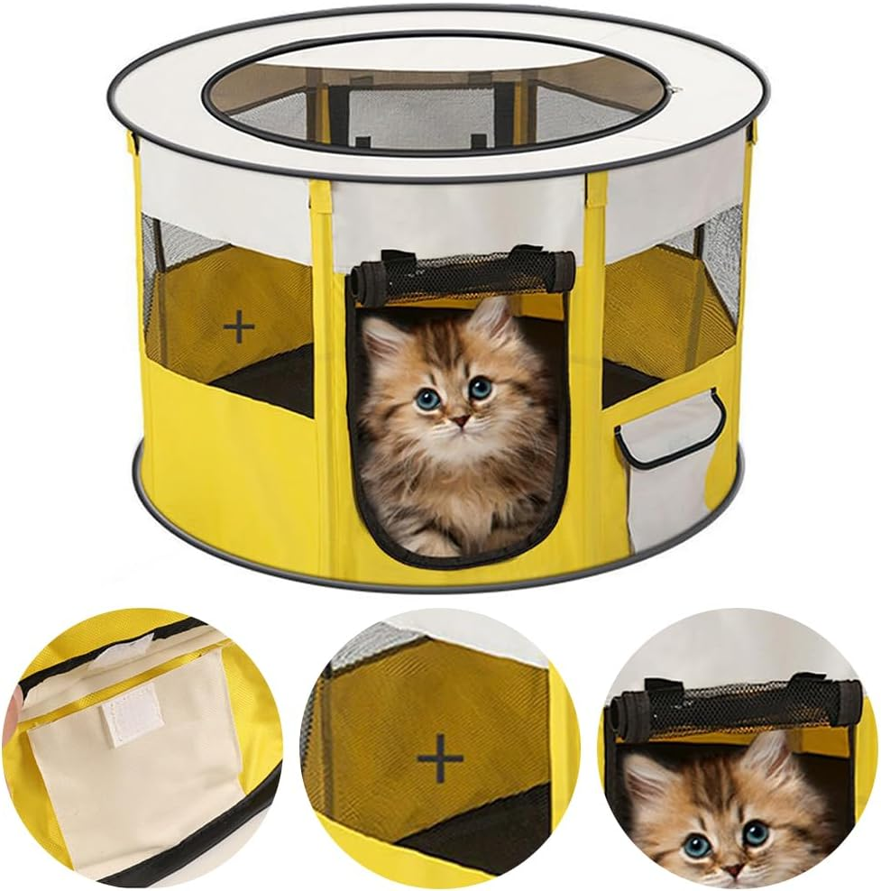 Cat House with Top Cover anti Escape, Small Animal Playpen, Pet Playpen Dog Tent, Yard Fence for Kitten, Puppy, Guinea Pig, Rabbits, Hamster (Yellow, 70 * 70 * 40CM) image number 1