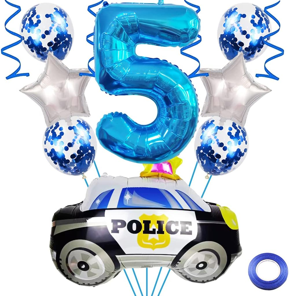 Weenkeey 5Th Police Car Birthday Balloons Giant Police Car Aluminum Foil Balloon Number 5 Mylar Balloon for Police Party Boys Birthday Decor - Blue
