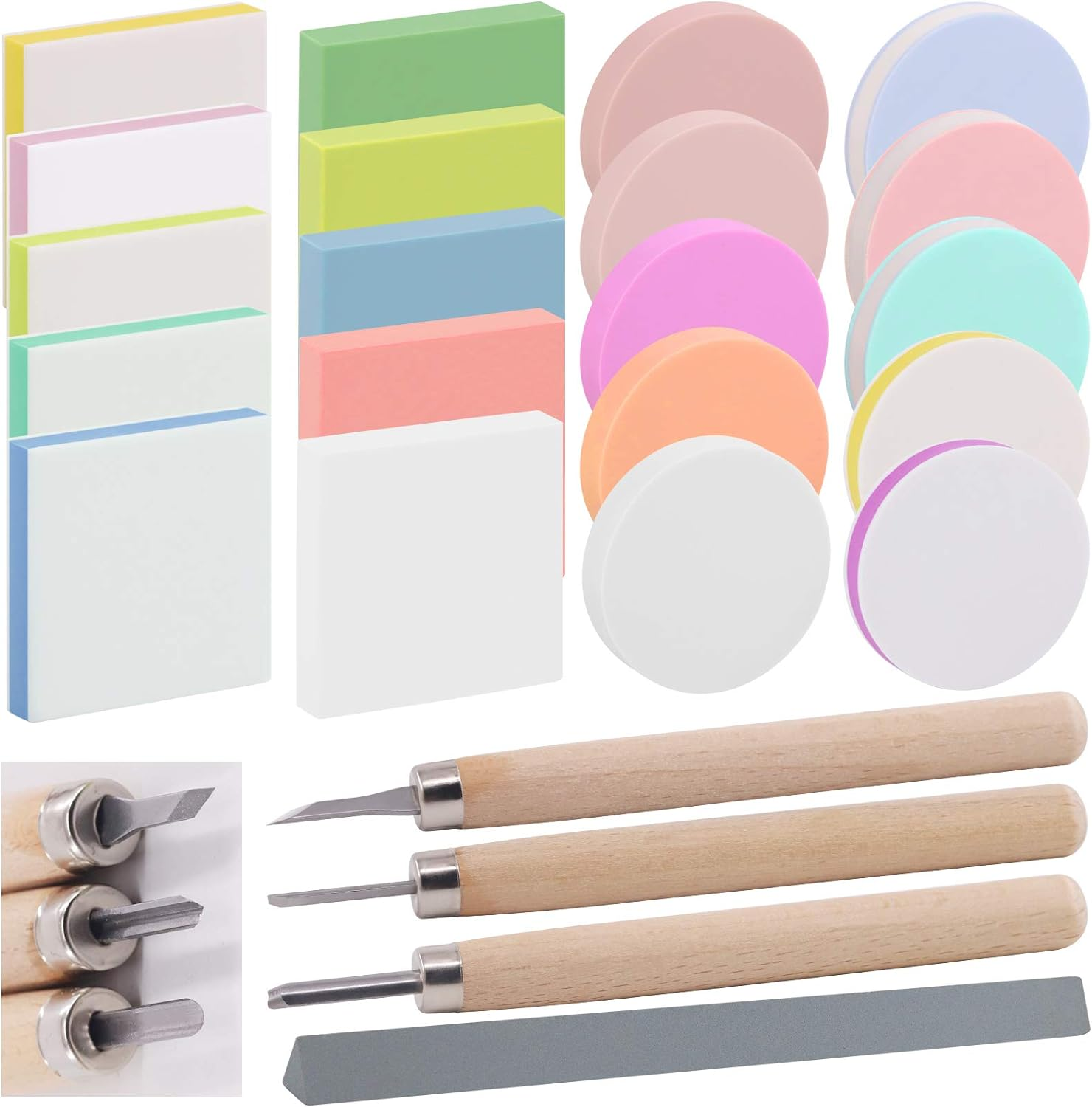 Rustark 22 Pcs Mixed Rubber Stamp Carving Blocks Set with Carving Knives and Whetstone, Carve Block Printing Carving Block Kit for Printmaking, Scrapbooking, Sculpting, Stamping image number 3