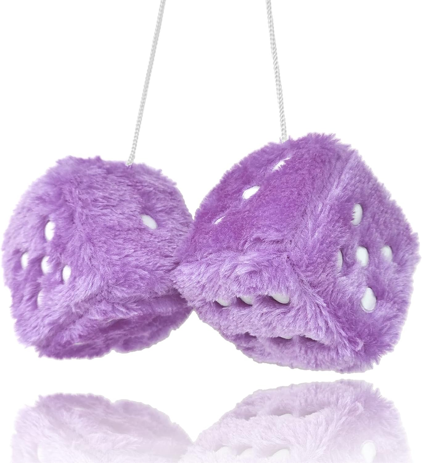 Pair 3&rdquo; Purple with White Dots Mirror Fuzzy Plush Dice, Purple and White Soft Plush Car Decorative Hanging Ornament. image number 1
