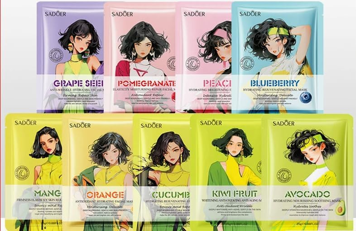 Facial Sheet Masks Set, 9 Pack, Fruit Extracts Collection, Nourishing & Moisturizing image number 3