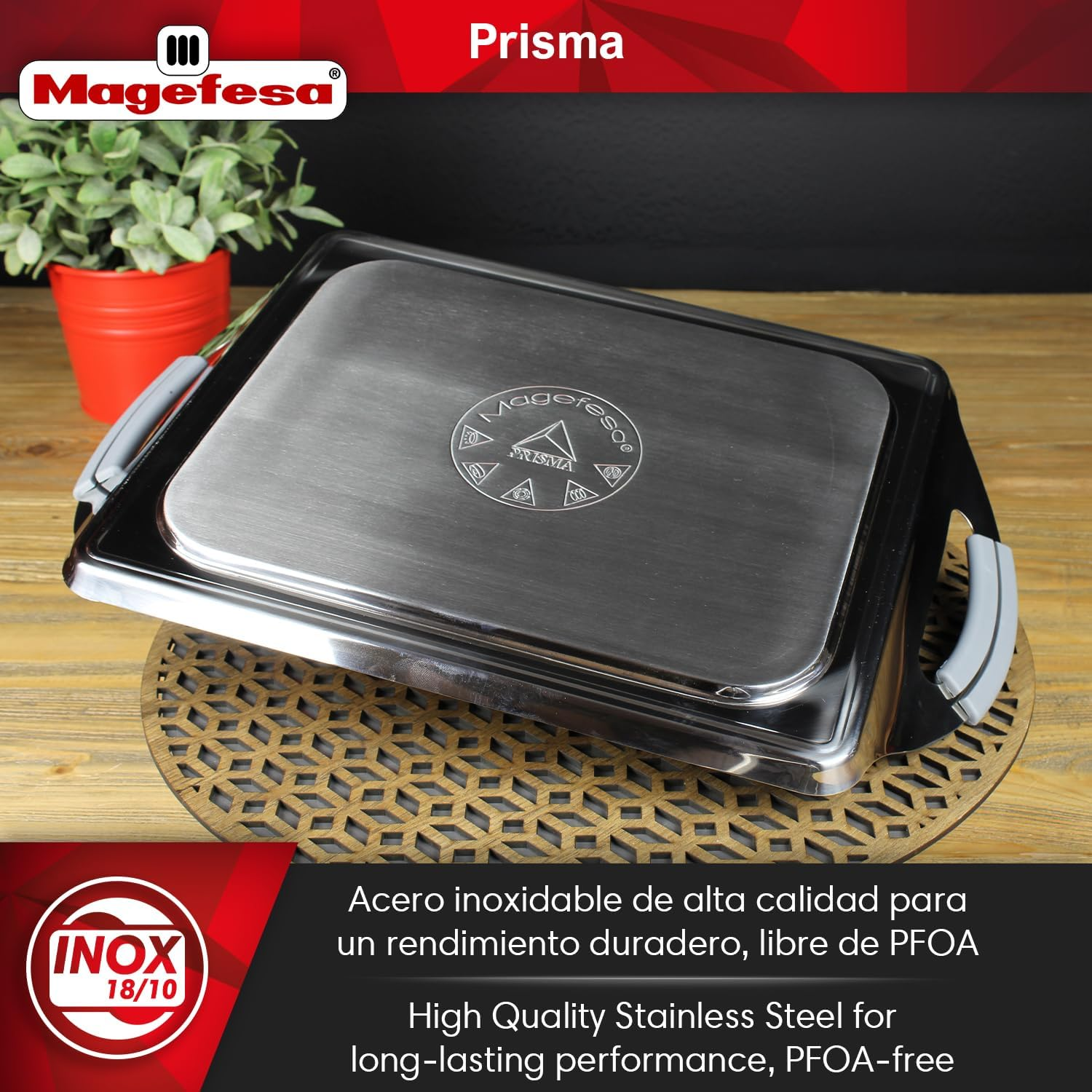 MAGEFESA Prisma &ndash; 10.8 Inches Teppanyaki Griddle Pan, Made in 18/10 Stainless Steel, Triple Layer Non-Stick, for All Types of Kitchens, Induction, Dishwasher and Oven Safe up to 392 &ordm;f