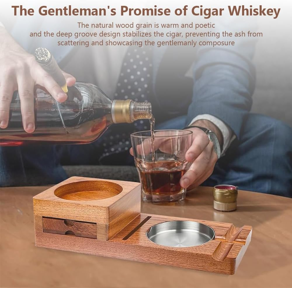 Wooden Cigar Ashtray Set with Whiskey Glass Holder, Built-In Drawer & Cigar Cutter, Multi-Functional Ashtray with Cigar Slot for Home, Office, or Outdoor Use image number 3