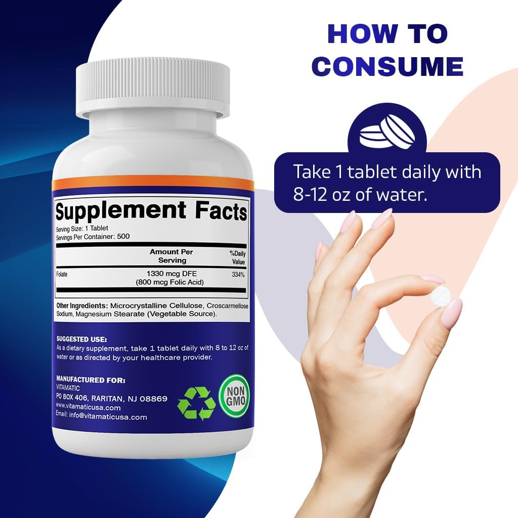 Vitamatic Folic Acid 800 Mcg - 500 Vegetarian Tablets - Vitamin B9 image number 2