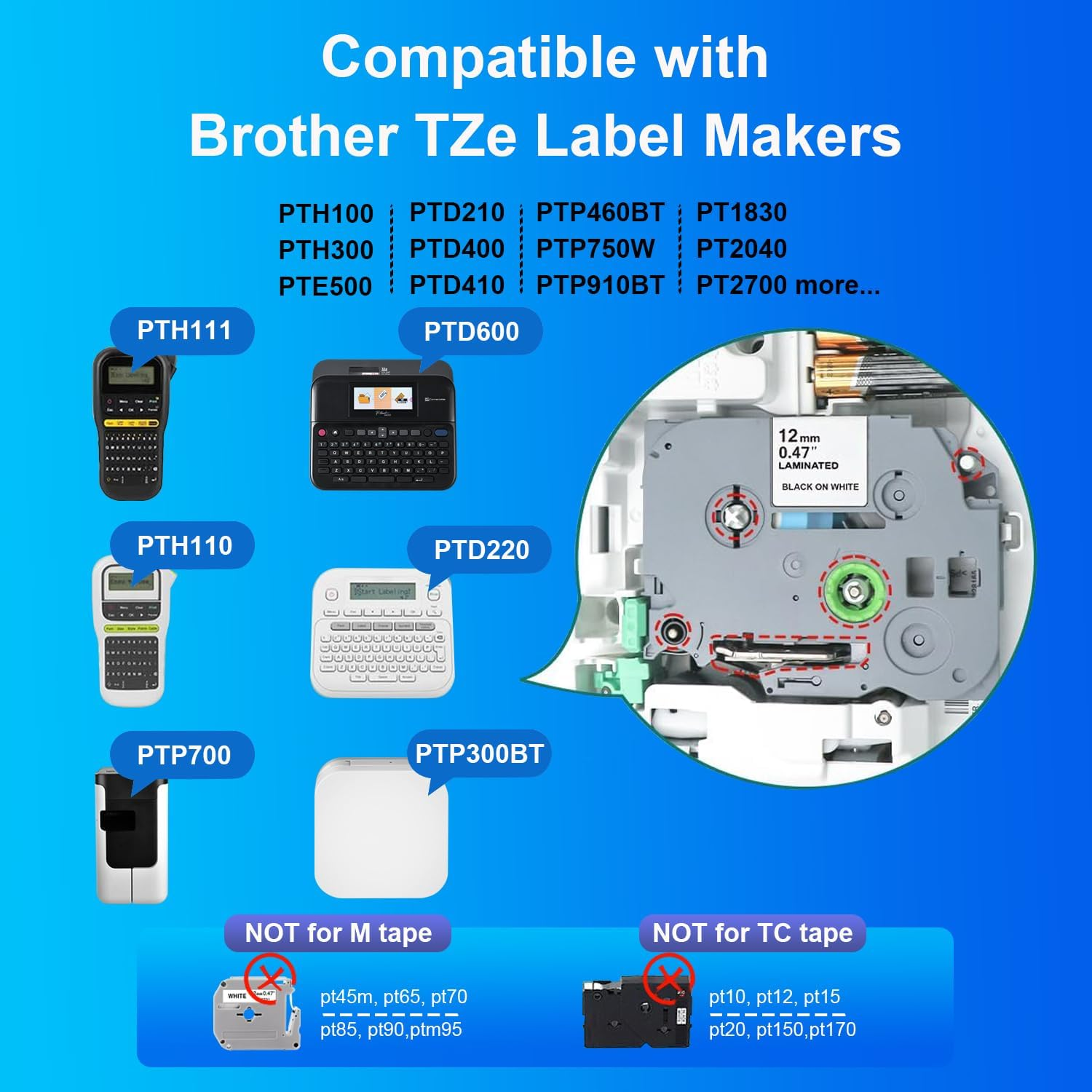 TCZ-231 Multi Color Label Tape Compatible with Brother P-Touch PT-H100 PT-E100 PT-D200, Black on Clear, 12Mm 0.47 Inch, 8M per Tape, 5 Pack, White/Red/Blue/Yellow/Green