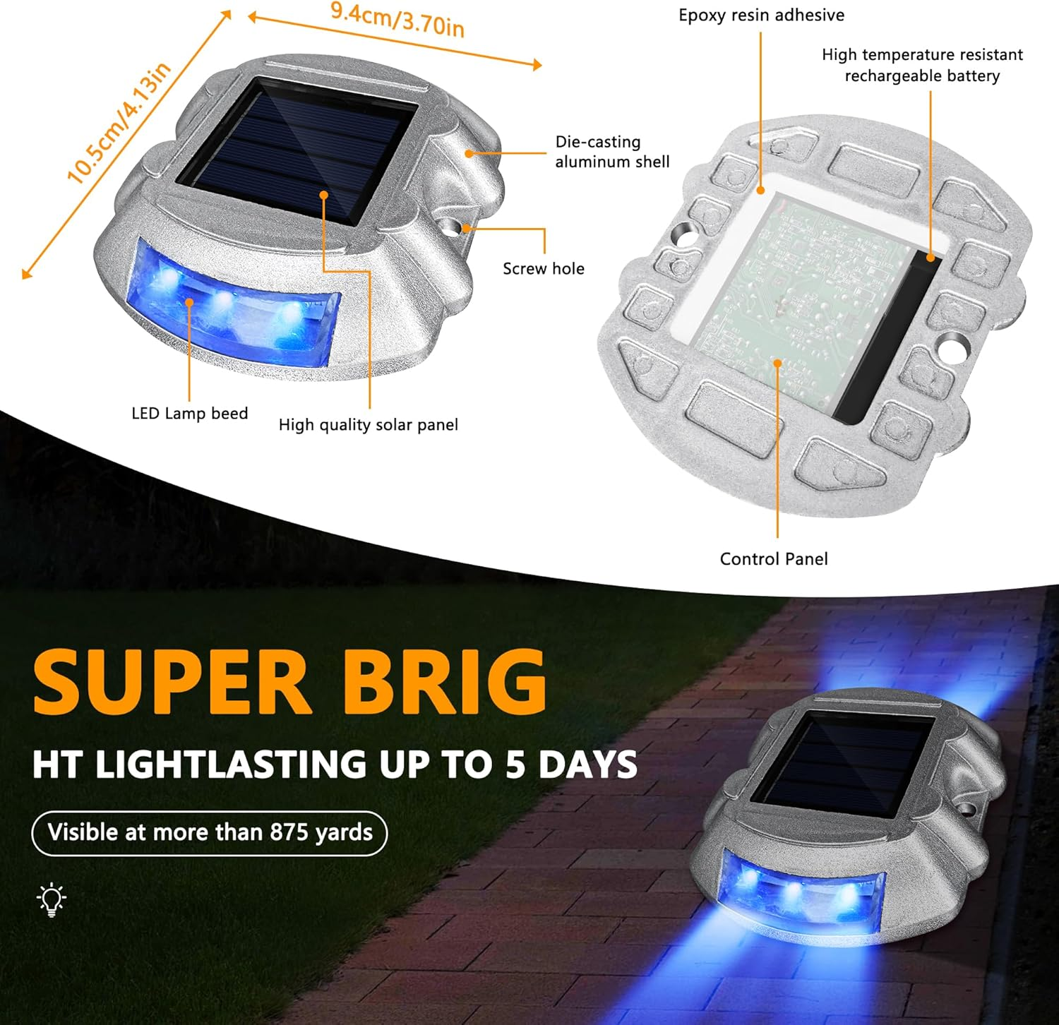 2 Pack Solar Deck Lights,Ground Marker Lights,Wireless Driveway Safety Light,Cast Aluminium Road Highway Spike Lamp,Waterproof Wireless Dock Light,Waterproof with 6 LED for Pathway Garden Walkway image number 4