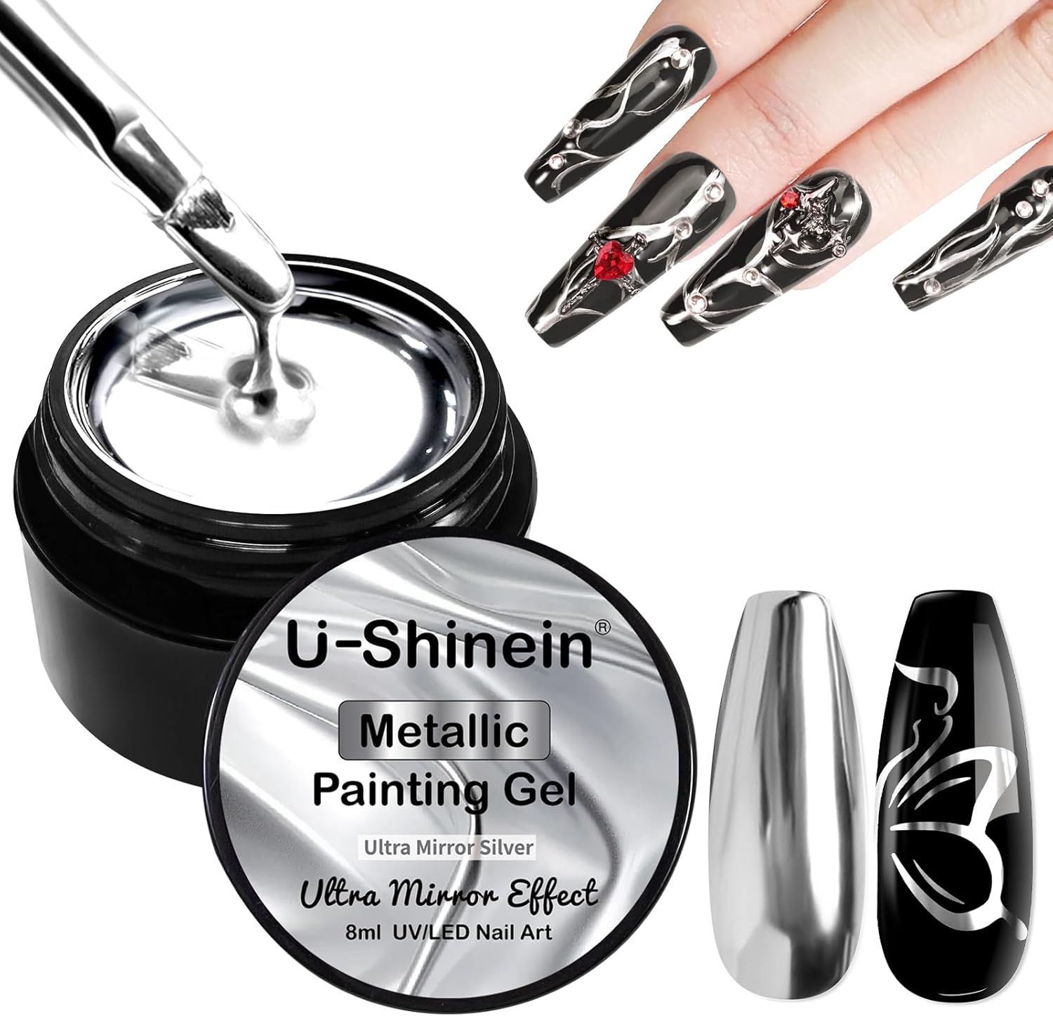 U-Shinein 8Ml Metallic Painting Gel, Silver Painted Nail Polish, 3D Metal Painting Drawing Mirror Nail Gel Polish Glossy (Ultra Mirror Silver) image number 5