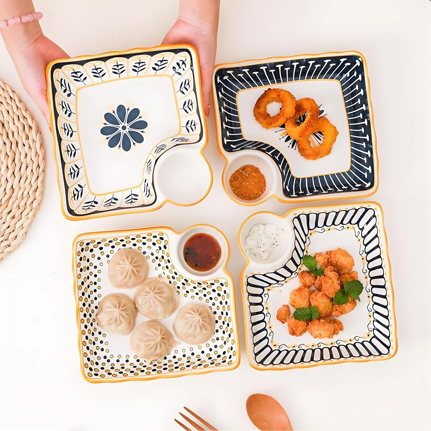 Noamus 4 Pack Dumpling Plate with Dipping Saucer, 7.5" Ceramic Japanese Sushi Platter, Colorful Square Serving Plate with Dish for Home Kitchen, Snack Dessert Salad Fries Fruit Gyoza image number 4