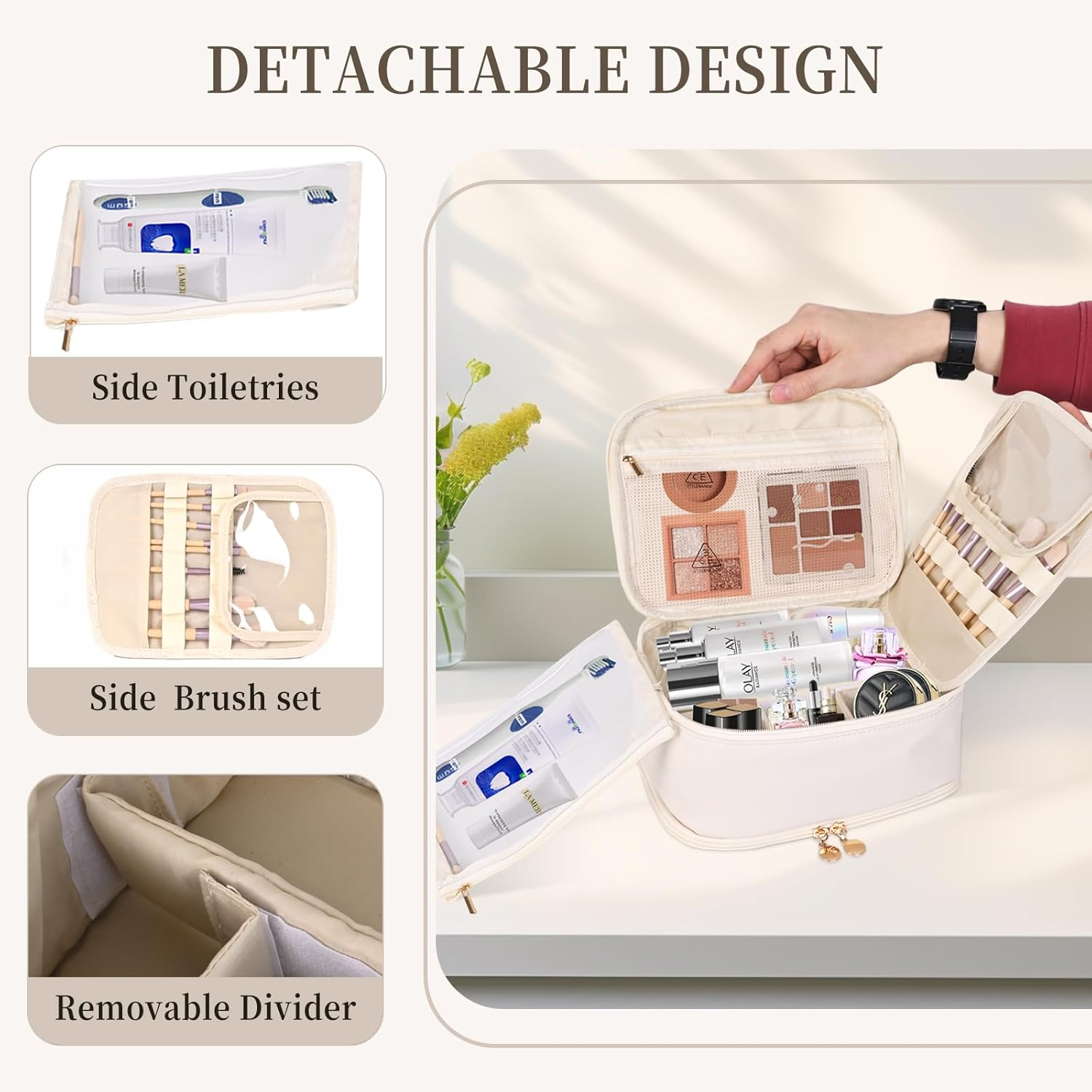 Travel Makeup and Jewelry Organizer Bag Large Capacity Portable PU Leather Cosmetic Bag with Removable Dividers image number 1