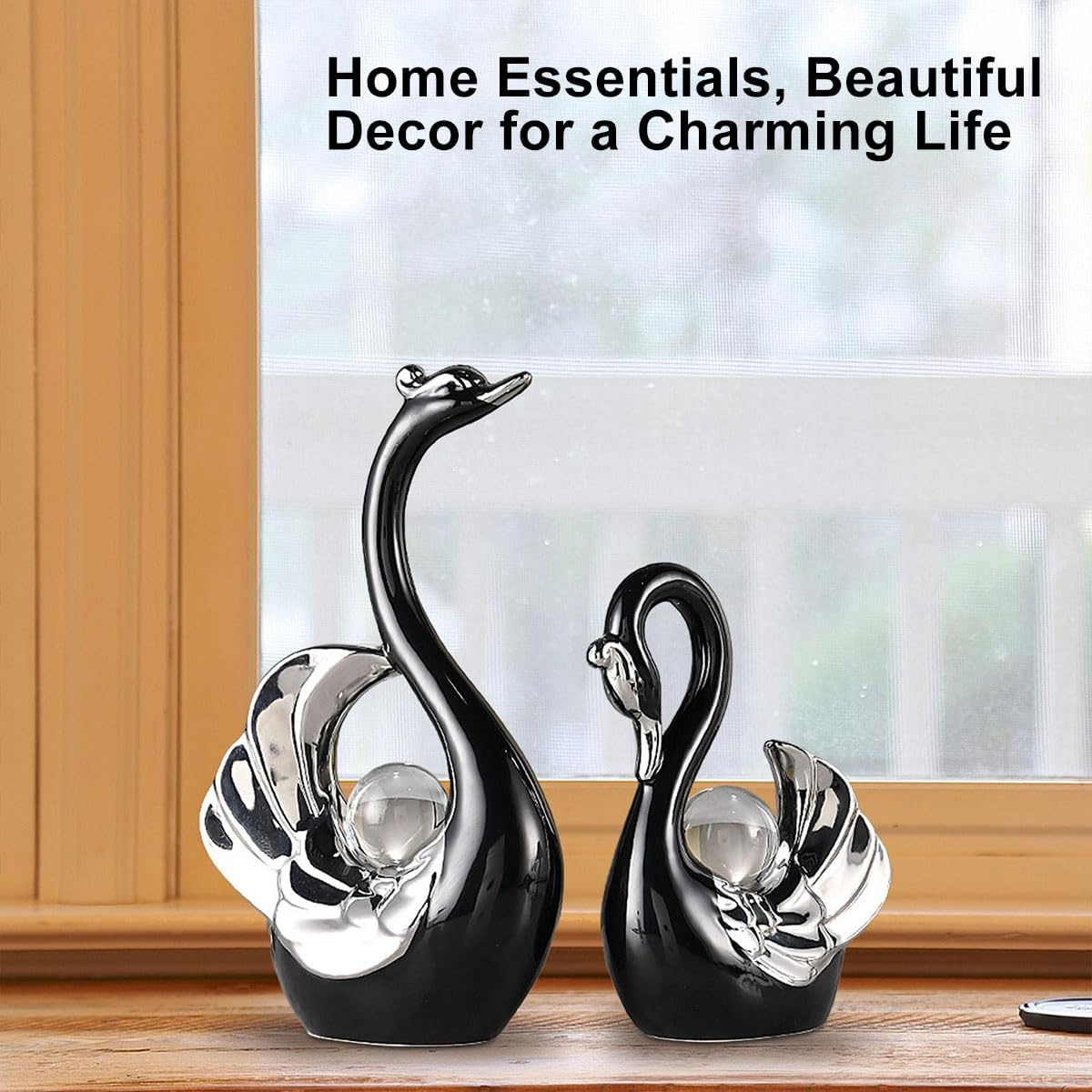 AIMALL 2PCS Ceramic Swan Ornament Set Black and White Modern Figurines for Living Room, Bedroom, TV Cabinet, Coffee Table or Wedding Centrepiece Home D&eacute;cor Display - Black image number 4