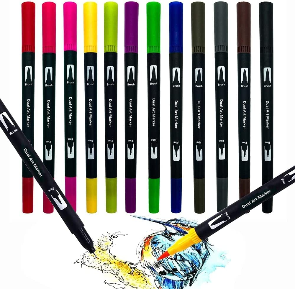 ZDY Dual Brush Pen Art Markers,12 Colored Highlighter Pen Brush and Fine Tip Markers for Kids Adult Coloring Books Bullet Journals Planners, Note Taking Coloring Writing, DIY Card Making