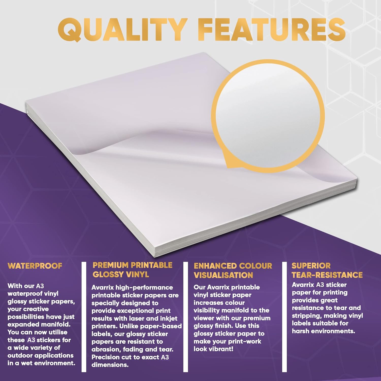 Avarrix Australia Printable Vinyl Sticker Paper for Inkjet Laser Printer, Glossy White, 20 Sheets, Waterproof Label Stickers, Printable Vinyl Sheets, Tear Resistant, Quick Dry Vibrant Colours, A3 Size image number 2