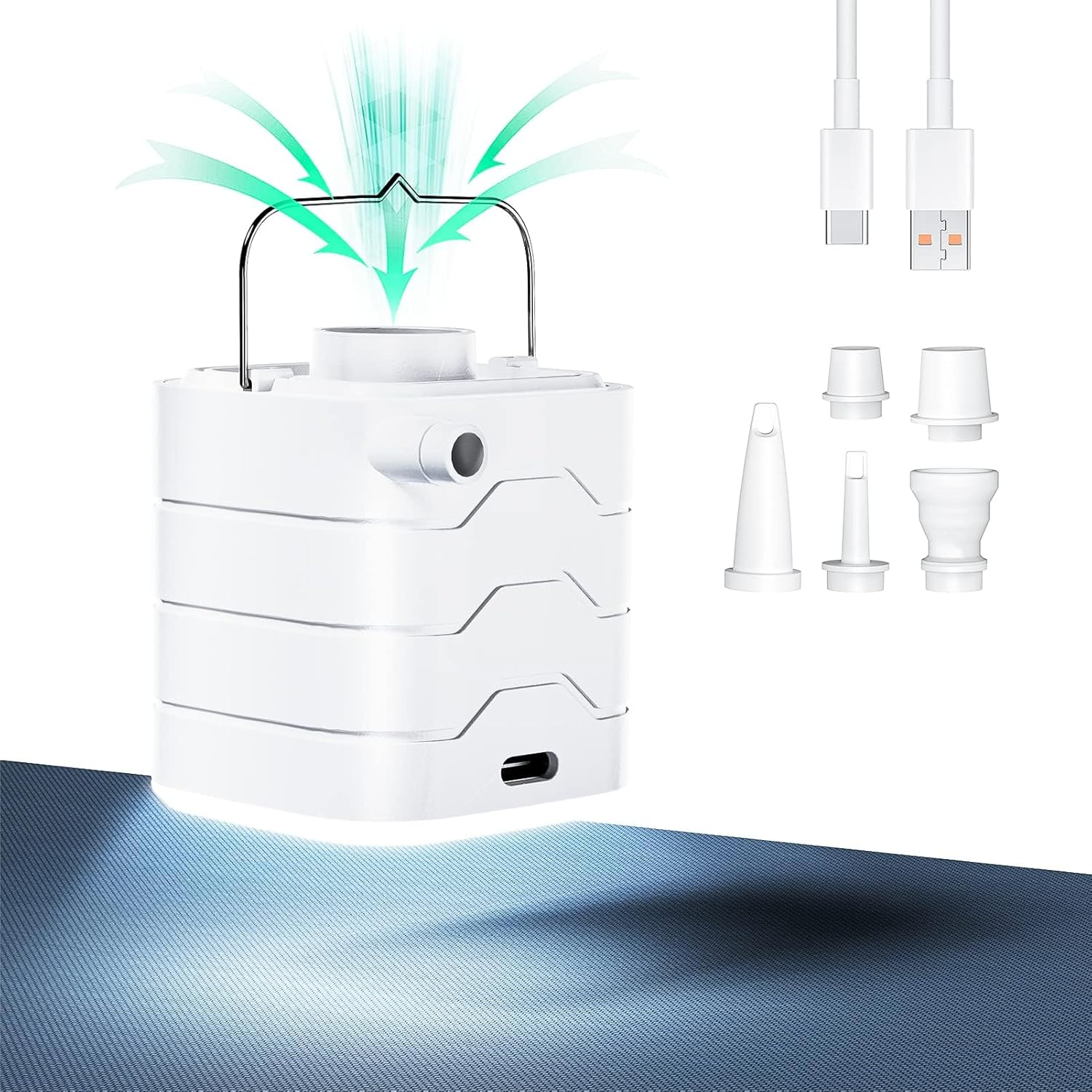 Portable Air Pump, Beedove Mini Air Pump with Camping Light, 2400Mah Battery USB Rechargeable, 5 Nozzles Quick Inflate Deflate Pump for Swimming Ring Pool Toys Air Mattress Bed Vacuum Storage Bags image number 3