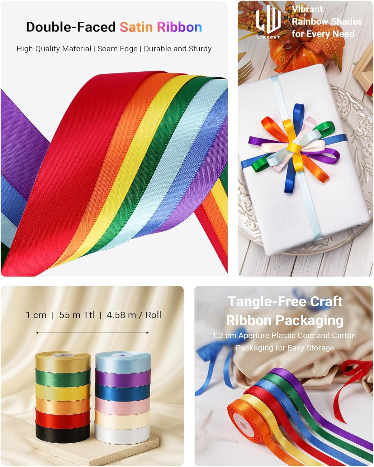 LIWEGHT Rainbow Satin Ribbon 12 Colors 1Cm X 4.58M, Total 55M, Double Face Satin Ribbons for Crafts, Gift Wrapping, Wedding Gifts, Hair Bows, Birthday Party Decorations