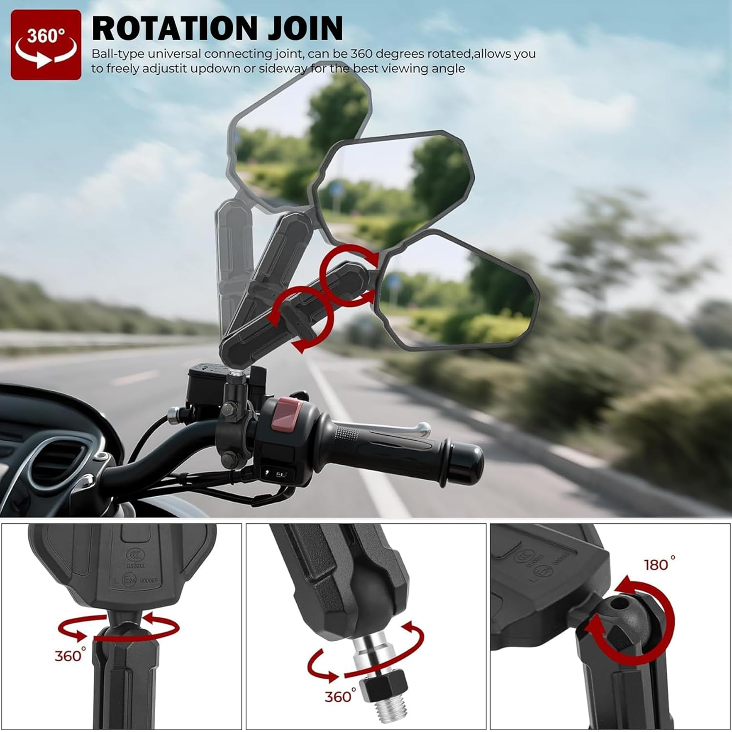 Motorcycle Mirrors 7/8" Universal Motorcycle Rearview Mirrors E-Mark Motorbike Mirror Handlebars 360&deg; Adjustable with M8/M10 Screws for Dirt Bike Street Bike ATV Scooter Cruiser image number 5