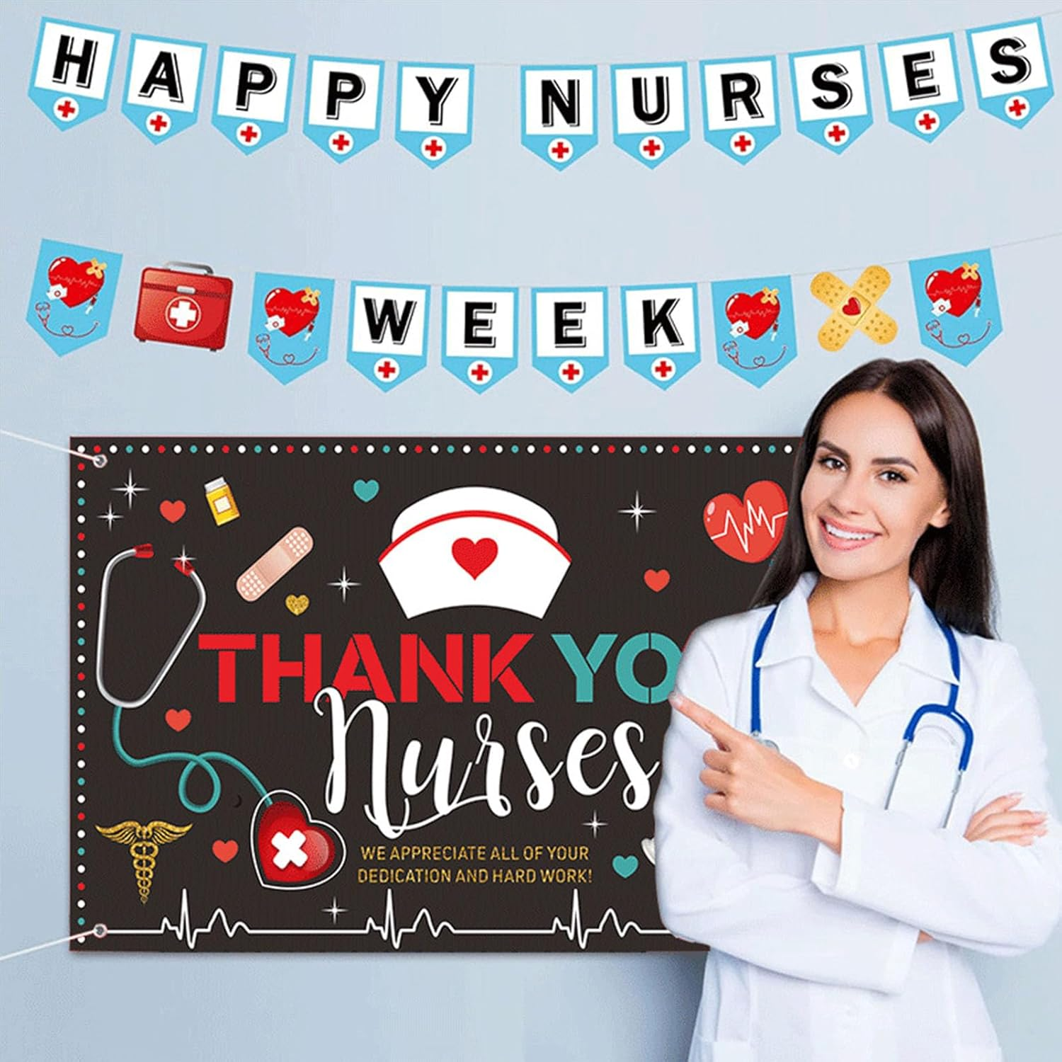 Thank You Nurses Banner,Nurse Week Decorations Backdrop,72.8 X 43.3 Fabric Backdrop Banner for National Nurse Day Photo Background image number 3