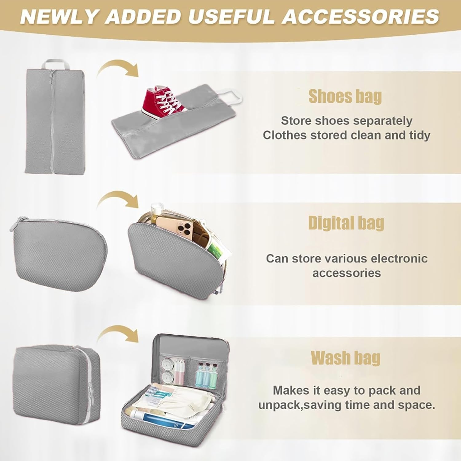 9 Pcs Compression Packing Cubes with Mesh,Lumobrilla Travel Packing Cubes Set,Travel Organisers for Carry on Suitcases,Expandable Storage for Luggage Suitcases Travel Accessories,Set of 9,Grey - 4 Pcs-Black-Mesh image number 4