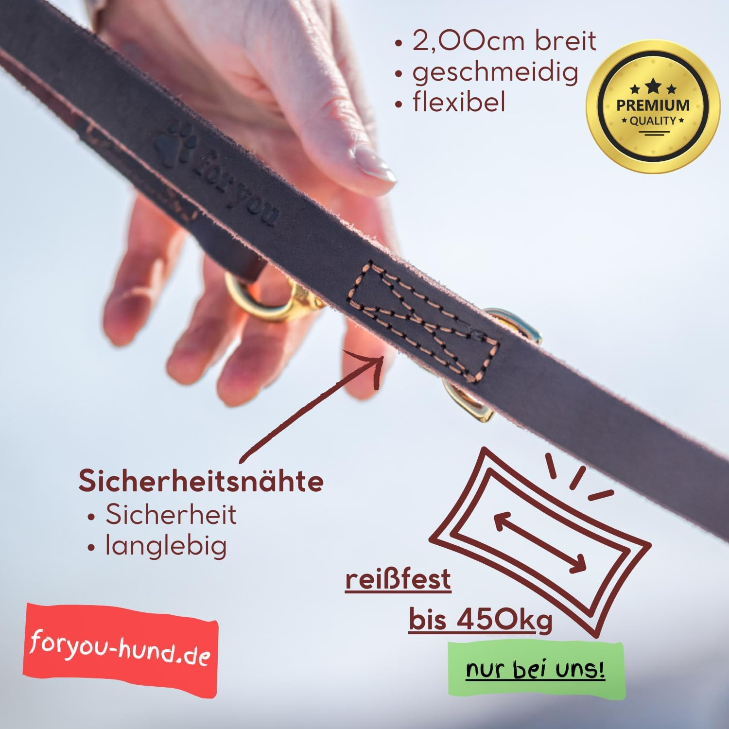 Foryou&reg; Leather Dog Lead with Collar, XS-XXL Neck Circumference, 3 Different Lengths, Real Leather Dog Lead in Premium Quality, 2.0 Cm X 190 Cm image number 4