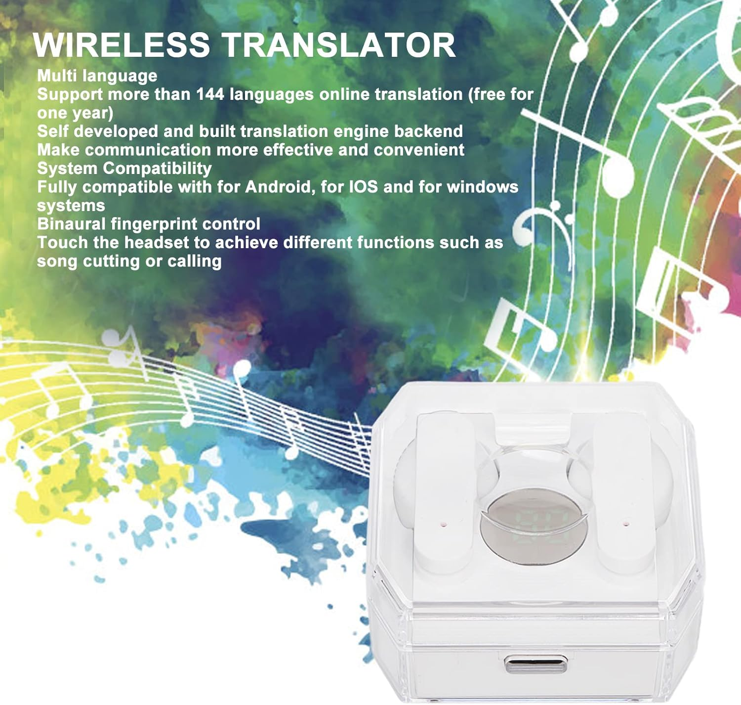Voice Translator Earphones, Voice Translator Device with 74 Languages and 70 Online Accents, Headphones for Bidirectional Simultaneous Translation, Suitable for and Android (White) image number 1