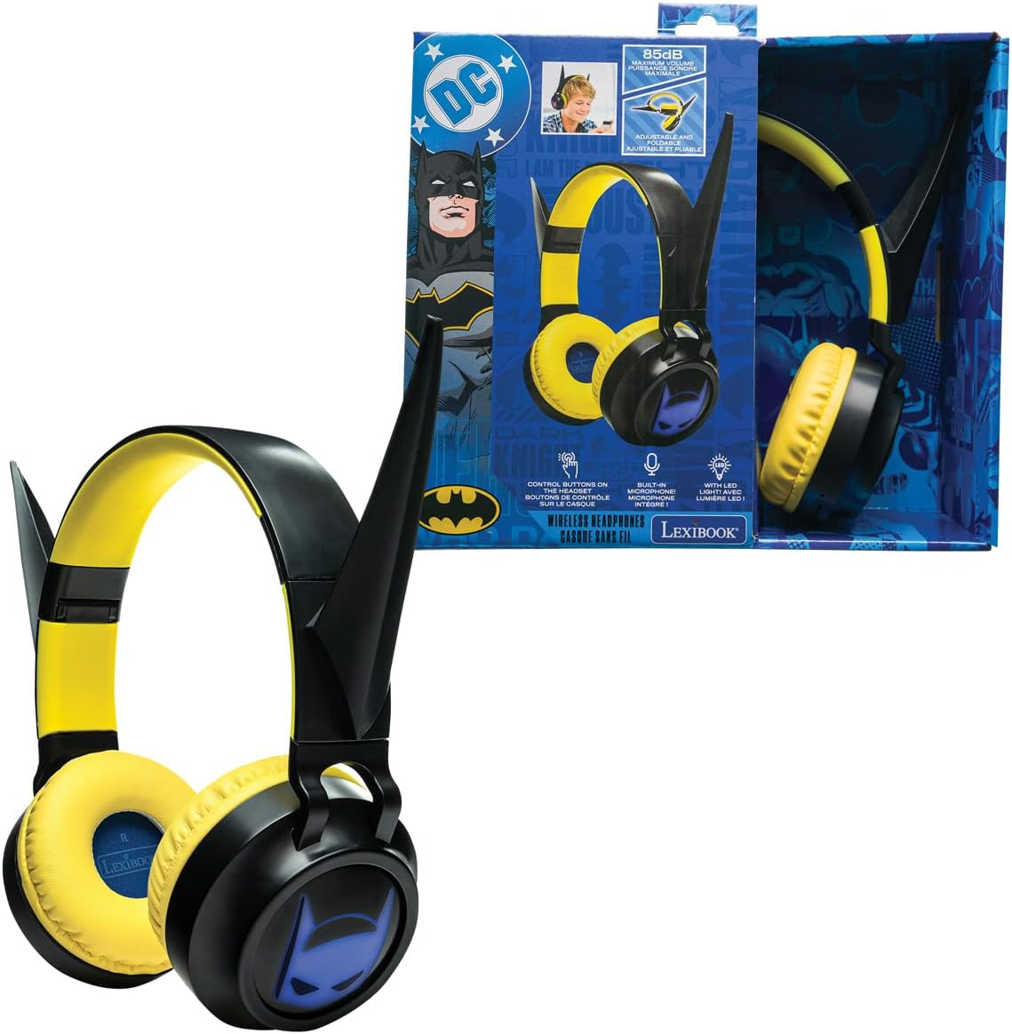 Lexibook, Batman HPBT015BATLXB 3D Design Foldable Luminous Bluetooth Wired Headphones with Volume Limiter, Black Yellow image number 6