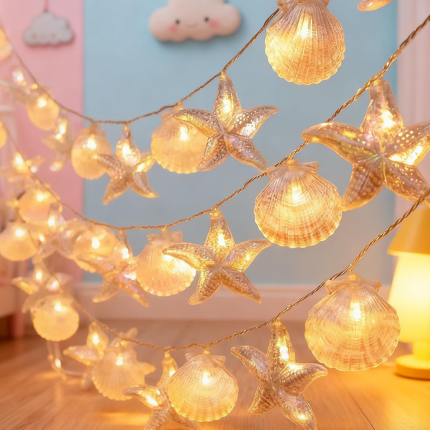 Foanlerck Fairy Lights with Shells Starfish 1.5 M 10 LED Fairy Lights Children Warm White Battery Operated, IP44 Waterproof Maritime Shell Lamp for Children'S Room Party Wedding Fairy Lights image number 2
