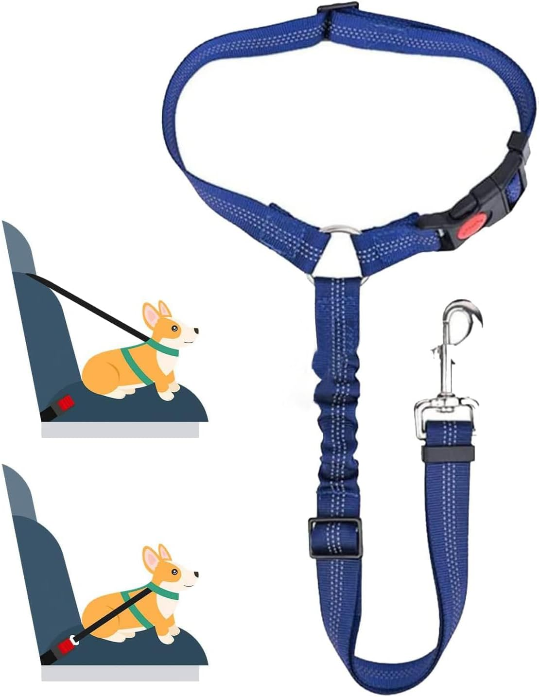 Charming Club Adjustable Dog Car Seat Belt Harness - Safe Pet Vehicle Restraint with Shock-Absorbing Bungee, Headrest Clip & Car Guard | Fits Puppy to Large Dogs | Universal for All Cars (Blue-1Pcs)