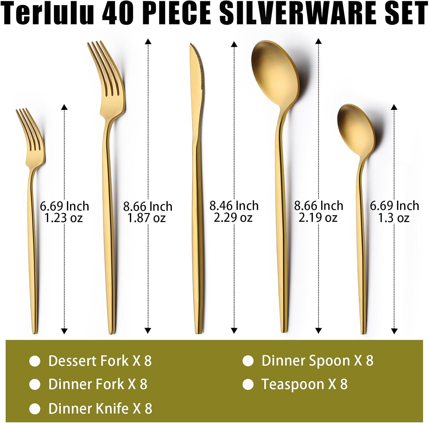 40 Piece Gold Silverware Set for 8, Terlulu Stainless Steel Flatware Set, Gold Cutlery Set Utensils Set, Tableware Include Forks Knives Spoons for Home Kitchen Restaurant Wedding, Satin Finish image number 2