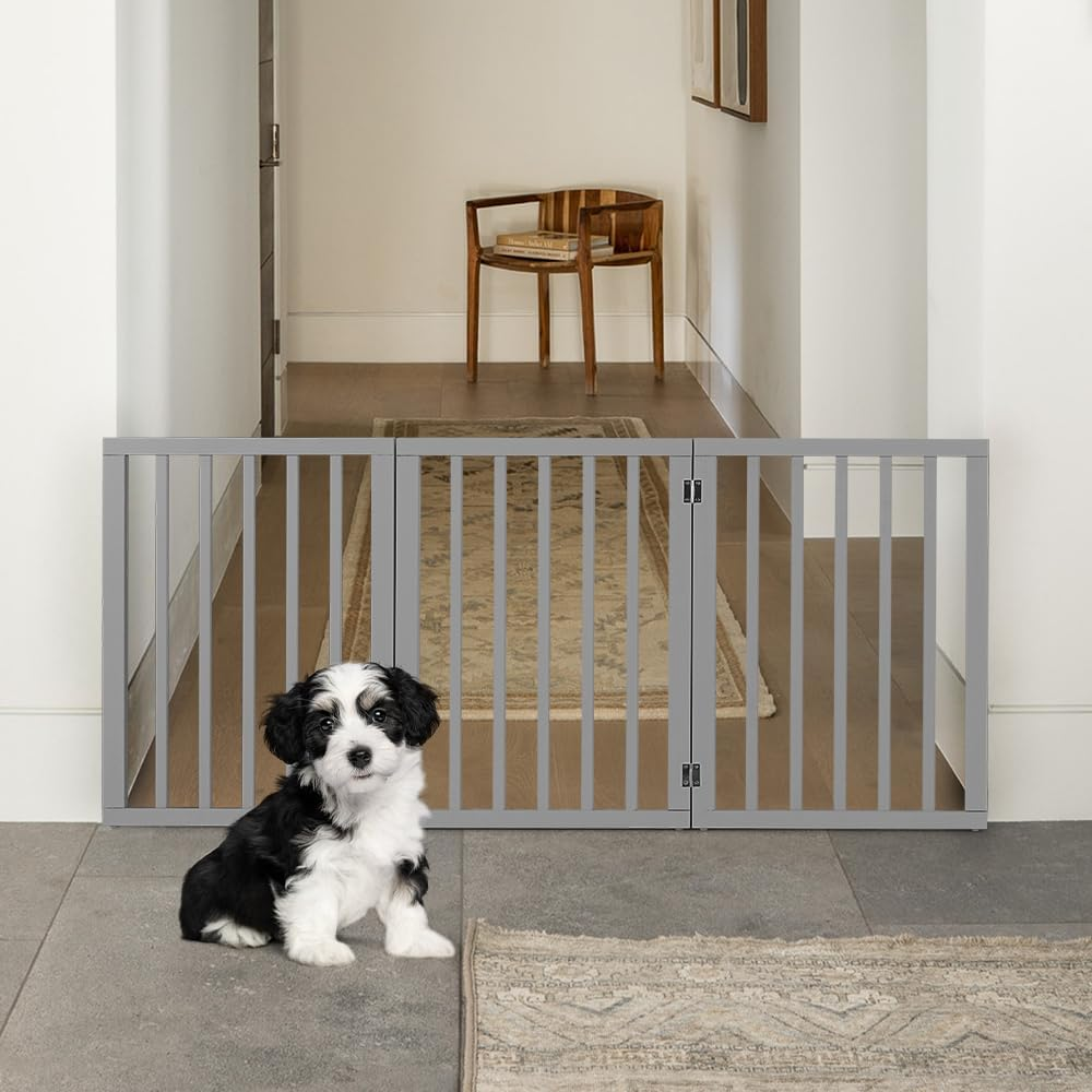 Petzly Foldable Dog Gate, Freestanding Pet Gate for Puppy Small Dogs and Cats, Dog Fence for House Stairs Doorway Bedrooms, No Drill Pet Barrier Indoor/Outdoor, 4 Panels Fence, White - 188CM X 61CM