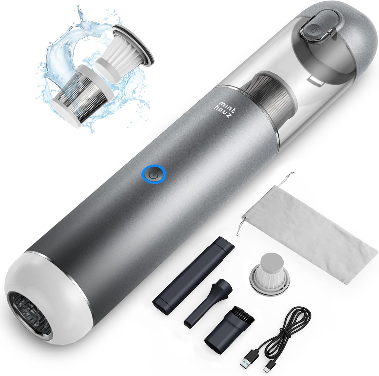 Minthouz 17000Pa Handheld Vacuum, 120W Car Vacuum Cleaner with Type-C Cable and LED/SOS Light, Mini Vacuum Cordless, Low Noise Dust Buster, Portable Vacuum for Car/Home Pet/Office/Keyboard(Gray) image number 4