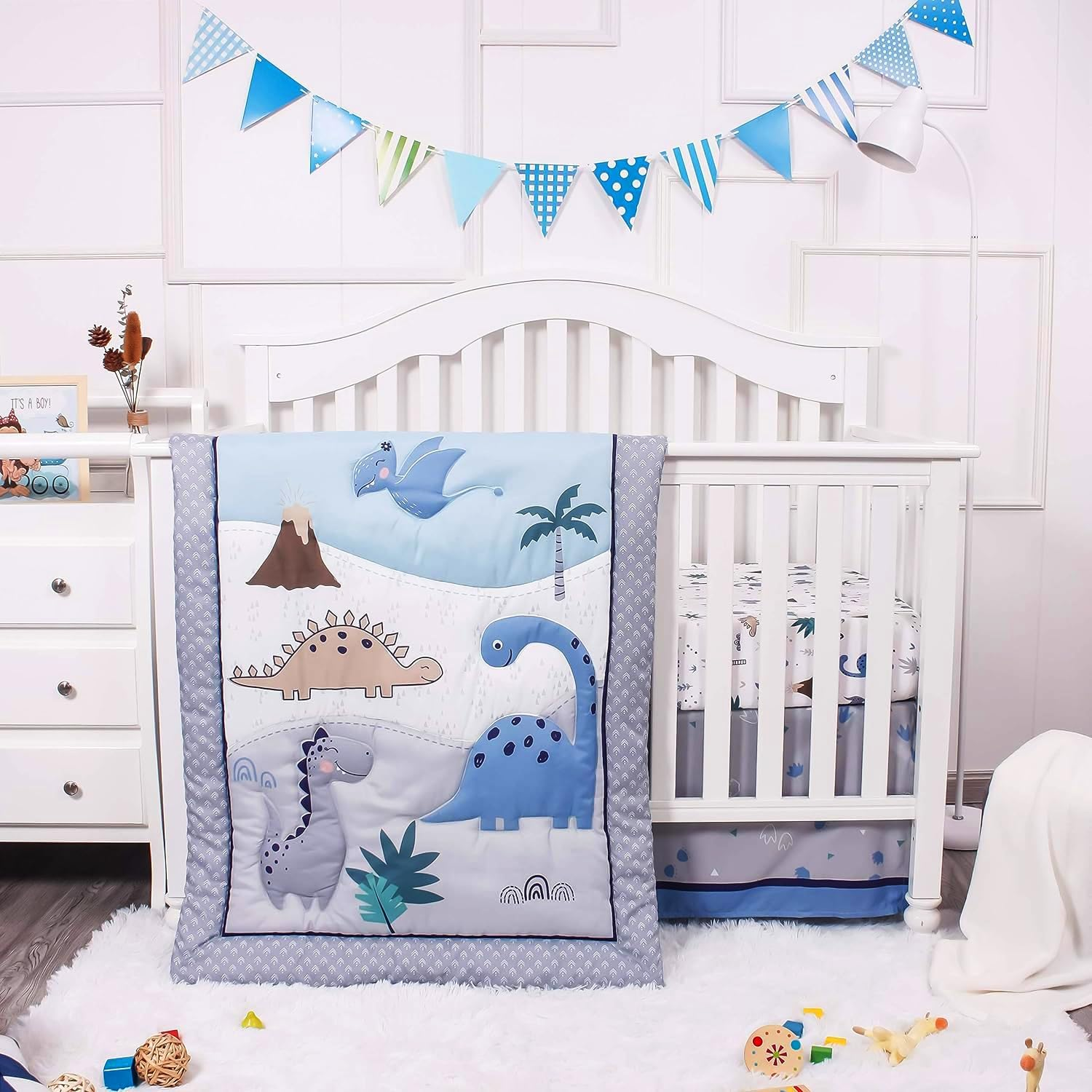 La Premura Dinosaur Baby Nursery Crib Bedding Set &ndash; Dinosaur 3 Piece Standard Size Crib Set, Grey/Blue - Unisex Nursey Bedding and Neutral Decor image number 6