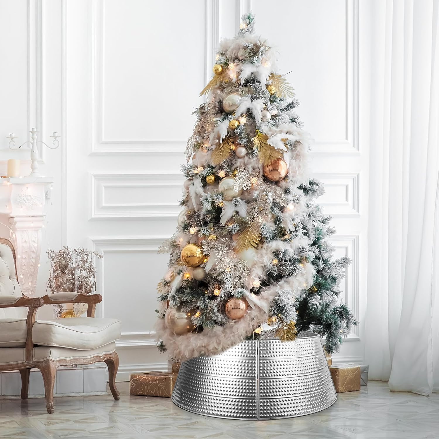 Christmas Tree Collar Metal, 28" Silver Tree Collar, 5-Panel Christmas Tree Base Collar for 7.5Ft 9Ft 12Ft Real & Artificial Christmas Trees, Christmas Tree Ring Christmas Tree Skirt for Pencil Trees image number 2