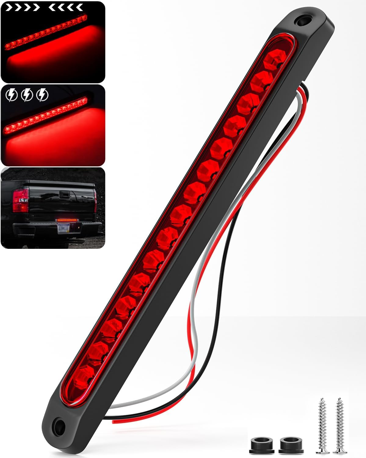 PSEQT 10" 15 LED Trailer Brake Tail Light Bar Stop Change Tail Lights Assembly ID Clearance Strip Red Light Waterproof for Wrangler Golf Cart Offroad Truck RV UTV ATV