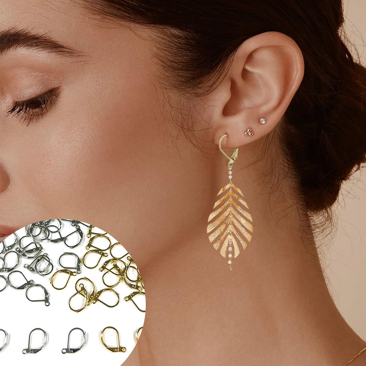 NILLOS 200 PCS Leverback Earring Hooks for DIY Earring Designs Jewelry Findings (Gold & Silver) image number 2