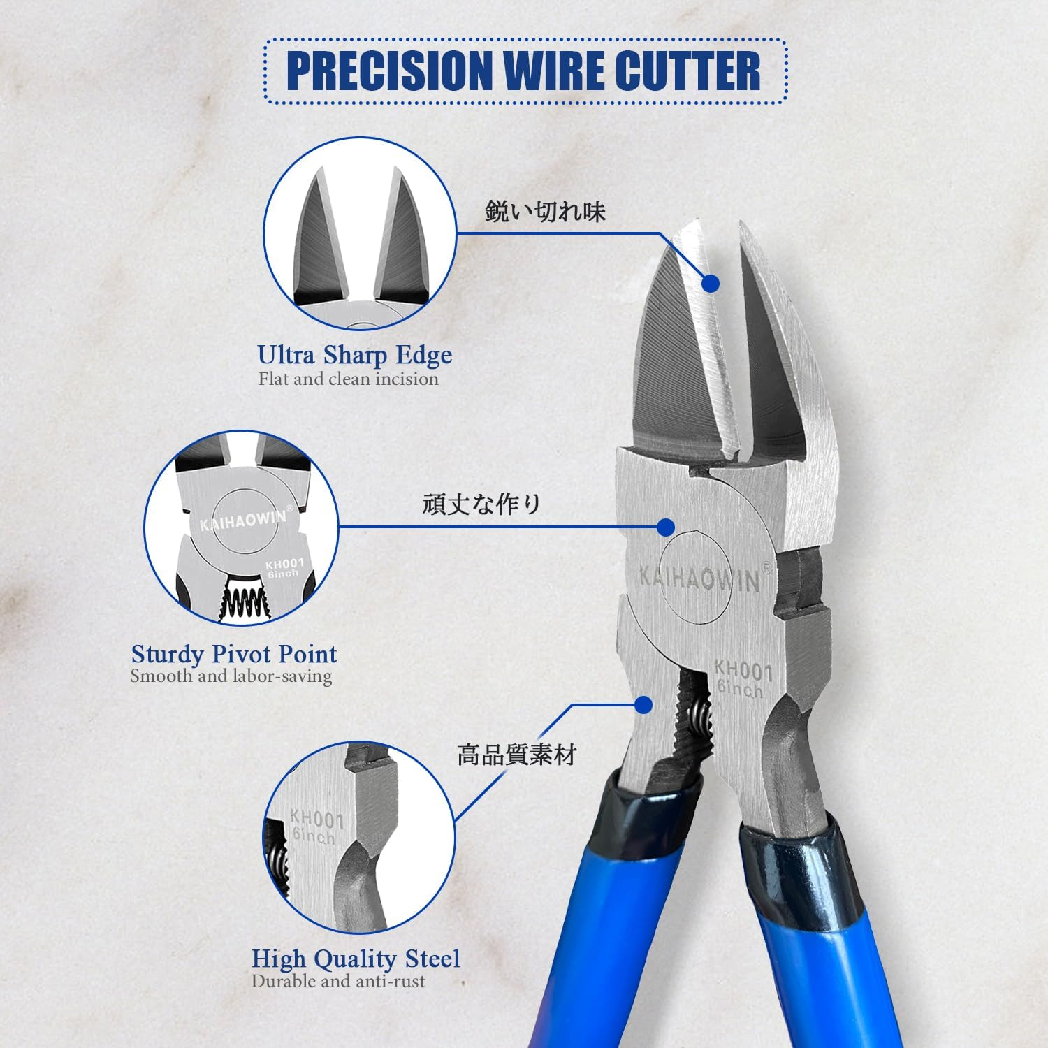 Wire Cutters 2 Pack, 6.5 Inch,Kaihaowin Flush Cutters Diagonal Cutters Side Cutters Precision Ultra Sharp Spring Loaded Wire Snips Clippers Dikes Cutting Pliers Small for Crafting Jewelry Making,Blue image number 5